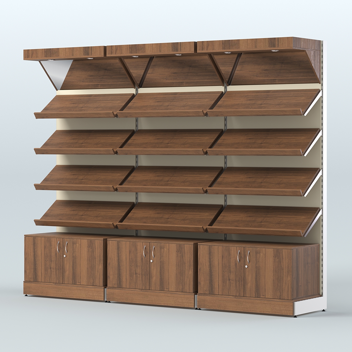 Стеллаж для хлеба и выпечки с четырьмя наклонными полками накопителем и фризом трех-секционный СХНПФ-04 Орех + Крем Вайс