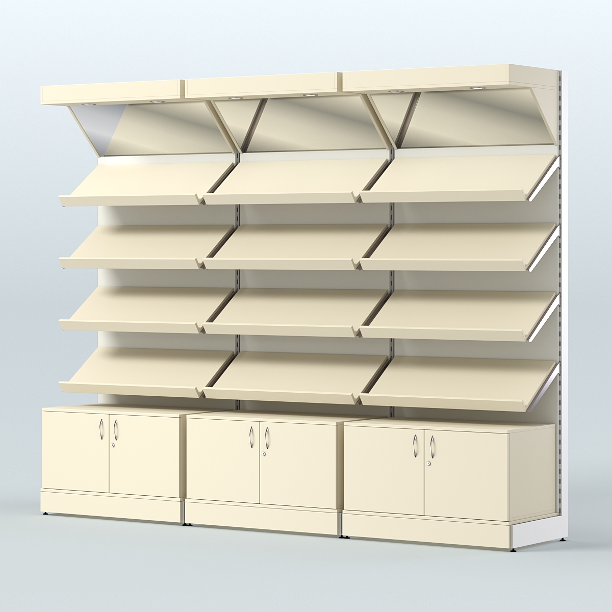 Стеллаж для хлеба и выпечки с четырьмя наклонными полками накопителем и фризом трех-секционный СХНПФ-04 Крем Вайс + Белый