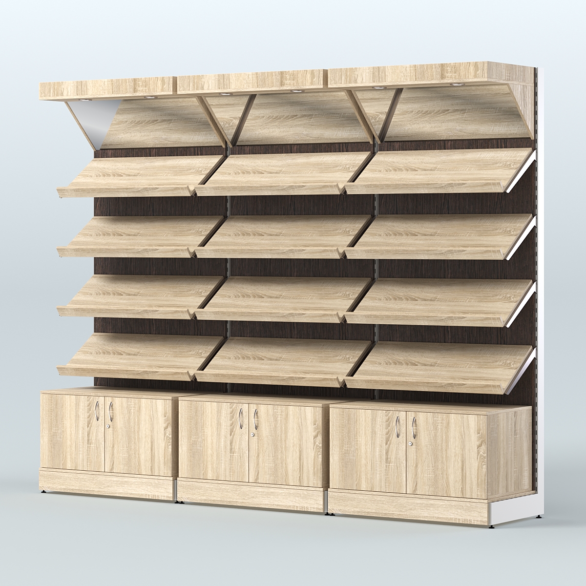 Стеллаж для хлеба и выпечки с четырьмя наклонными полками накопителем и фризом трех-секционный СХНПФ-04 Дуб Сонома + Дуб Венге