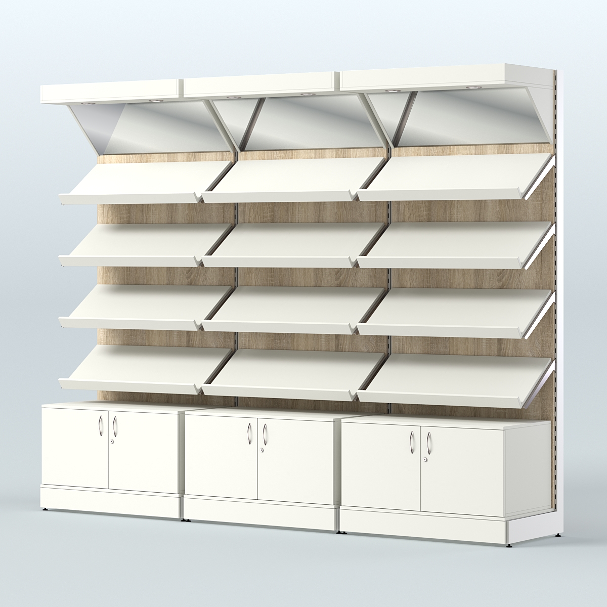 Стеллаж для хлеба и выпечки с четырьмя наклонными полками накопителем и фризом трех-секционный СХНПФ-04 Белый + Дуб Сонома