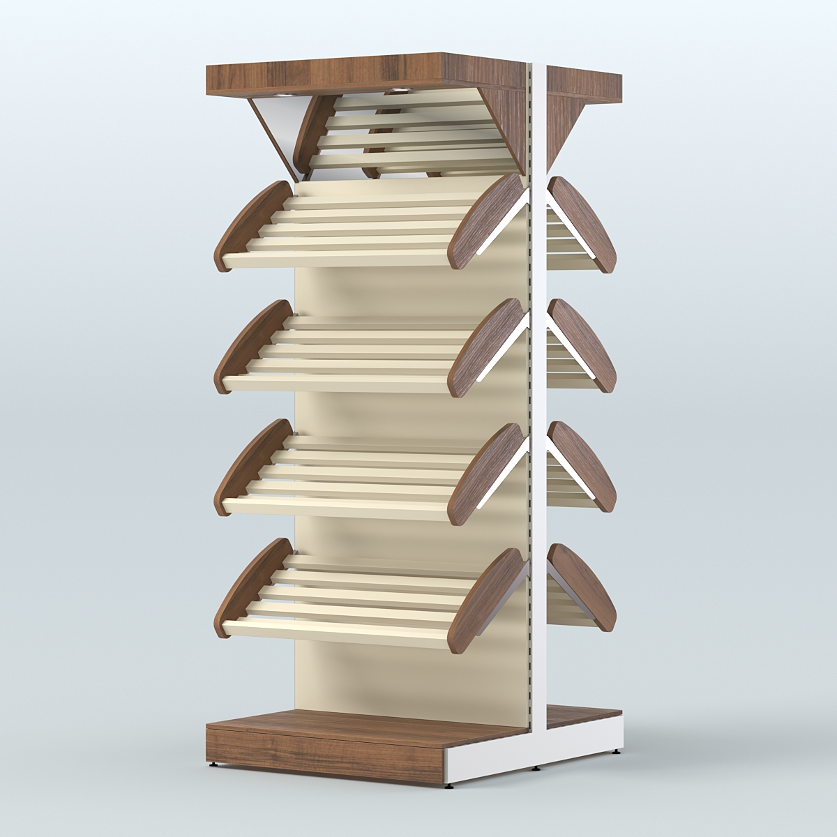Стеллаж для хлеба островной высокий с наклонными полками и зеркальным фризом СХОВФ-01 Орех + Крем Вайс