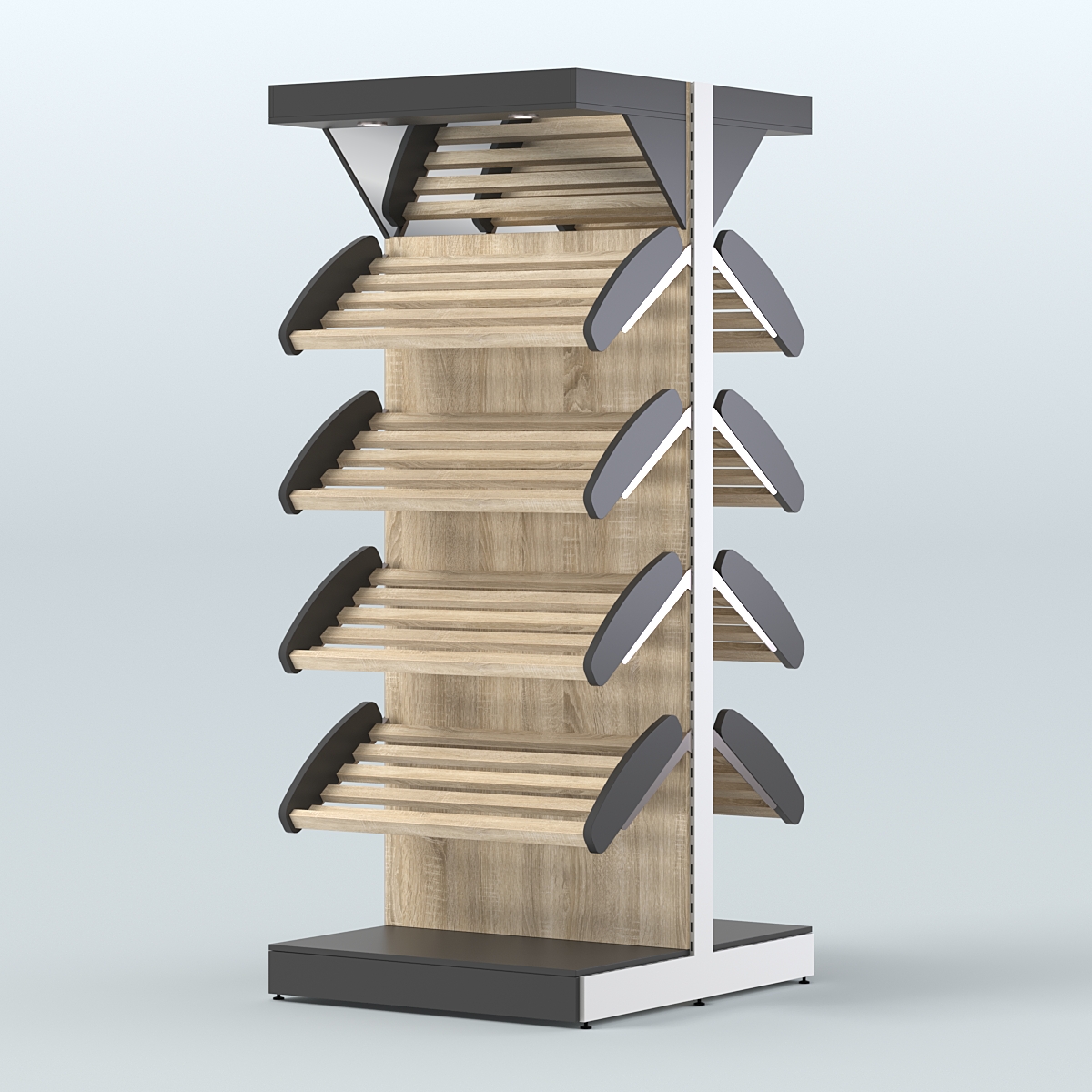 Стеллаж для хлеба островной высокий с наклонными полками и зеркальным фризом СХОВФ-01 Черный + Дуб Сонома