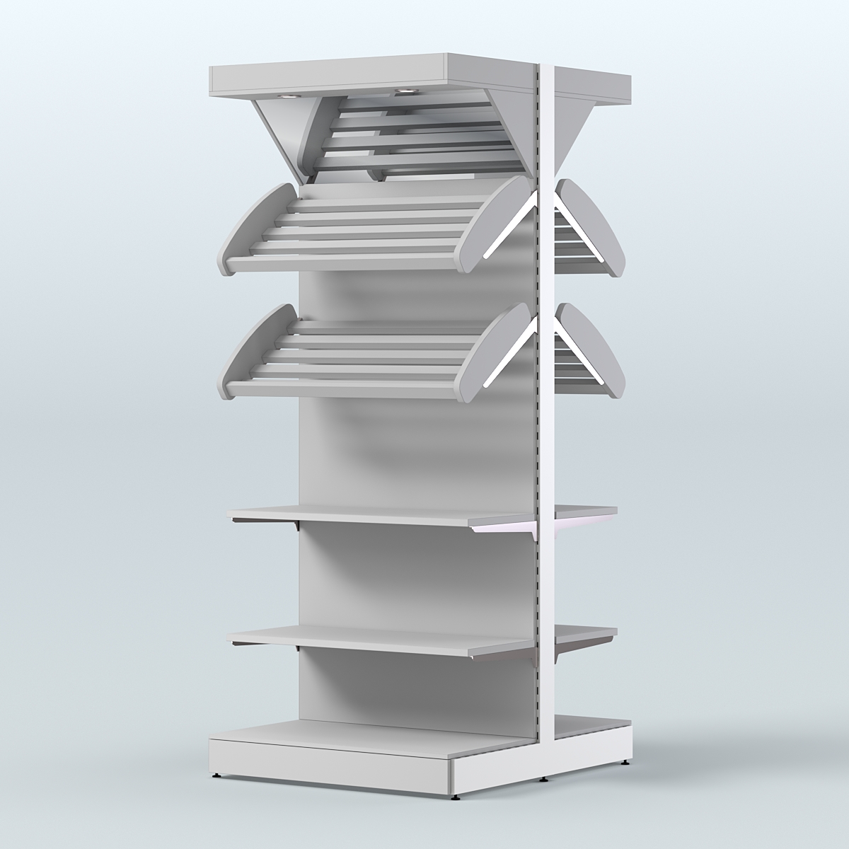 Стеллаж для хлеба островной высокий с разными полками и зеркальным фризом СХОВФ-05 Серый