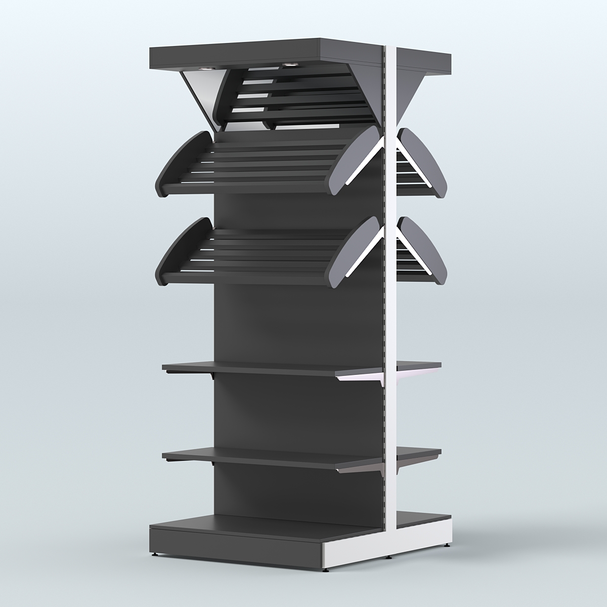 Стеллаж для хлеба островной высокий с разными полками и зеркальным фризом СХОВФ-05 Черный