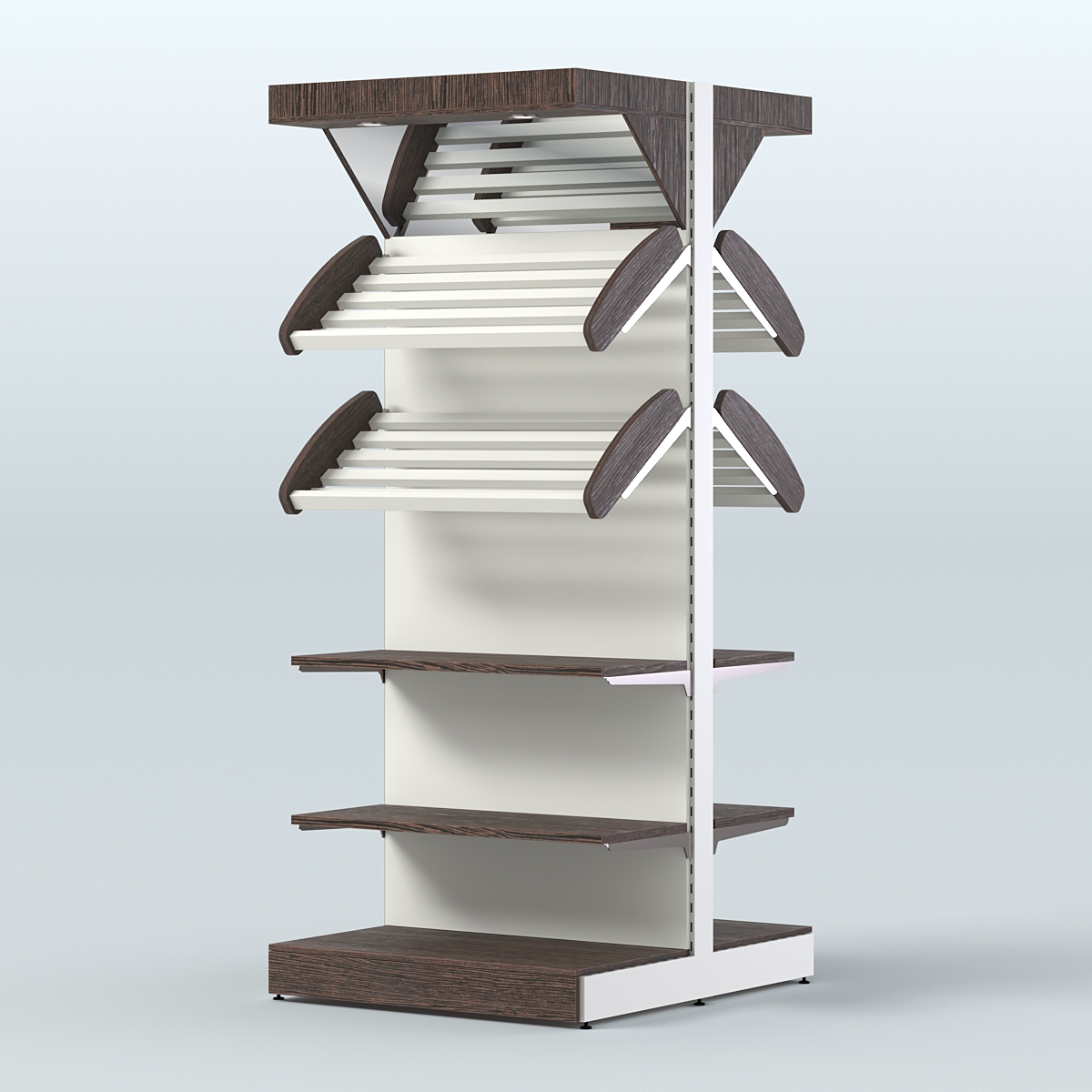 Стеллаж для хлеба островной высокий с разными полками и зеркальным фризом СХОВФ-05 Дуб Венге + Белый