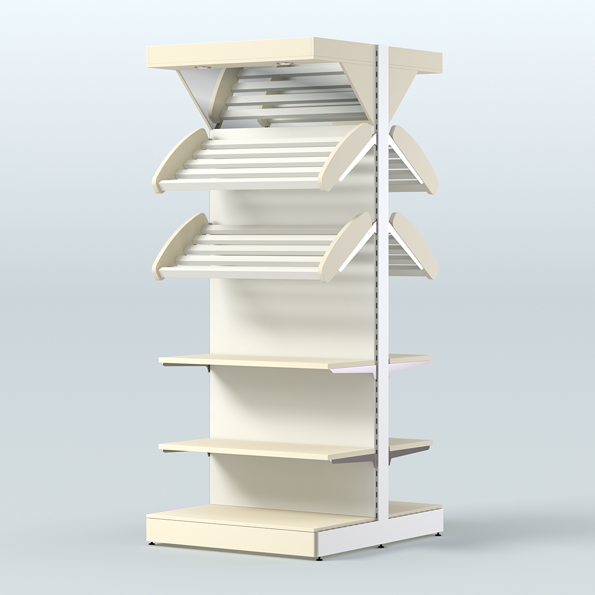 Стеллаж для хлеба островной высокий с разными полками и зеркальным фризом СХОВФ-05 Крем Вайс + Белый