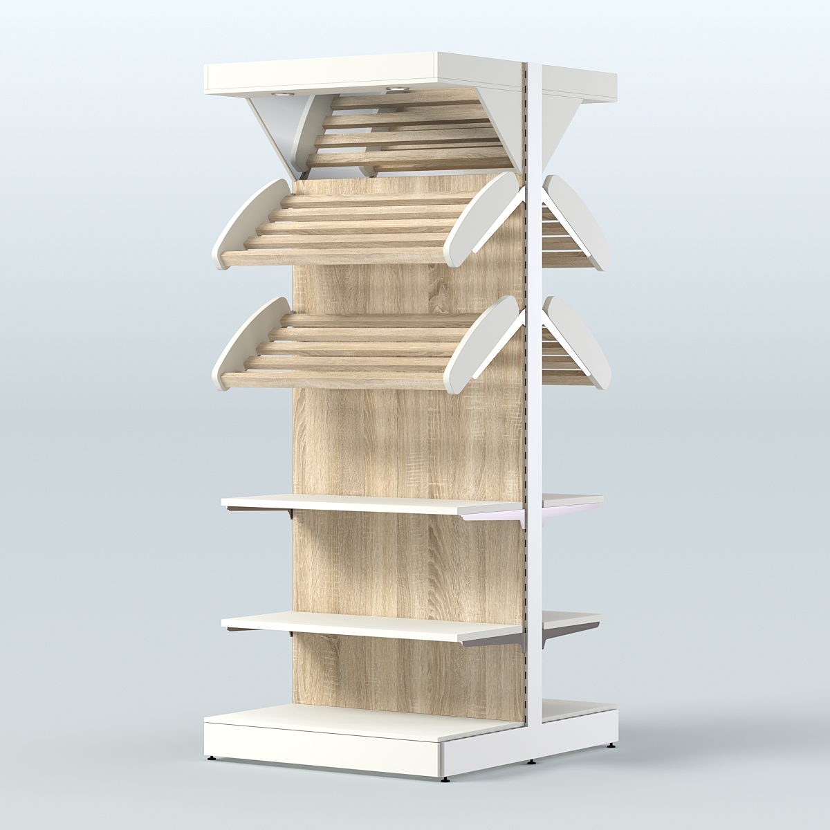 Стеллаж для хлеба островной высокий с разными полками и зеркальным фризом СХОВФ-05 Белый + Дуб Сонома