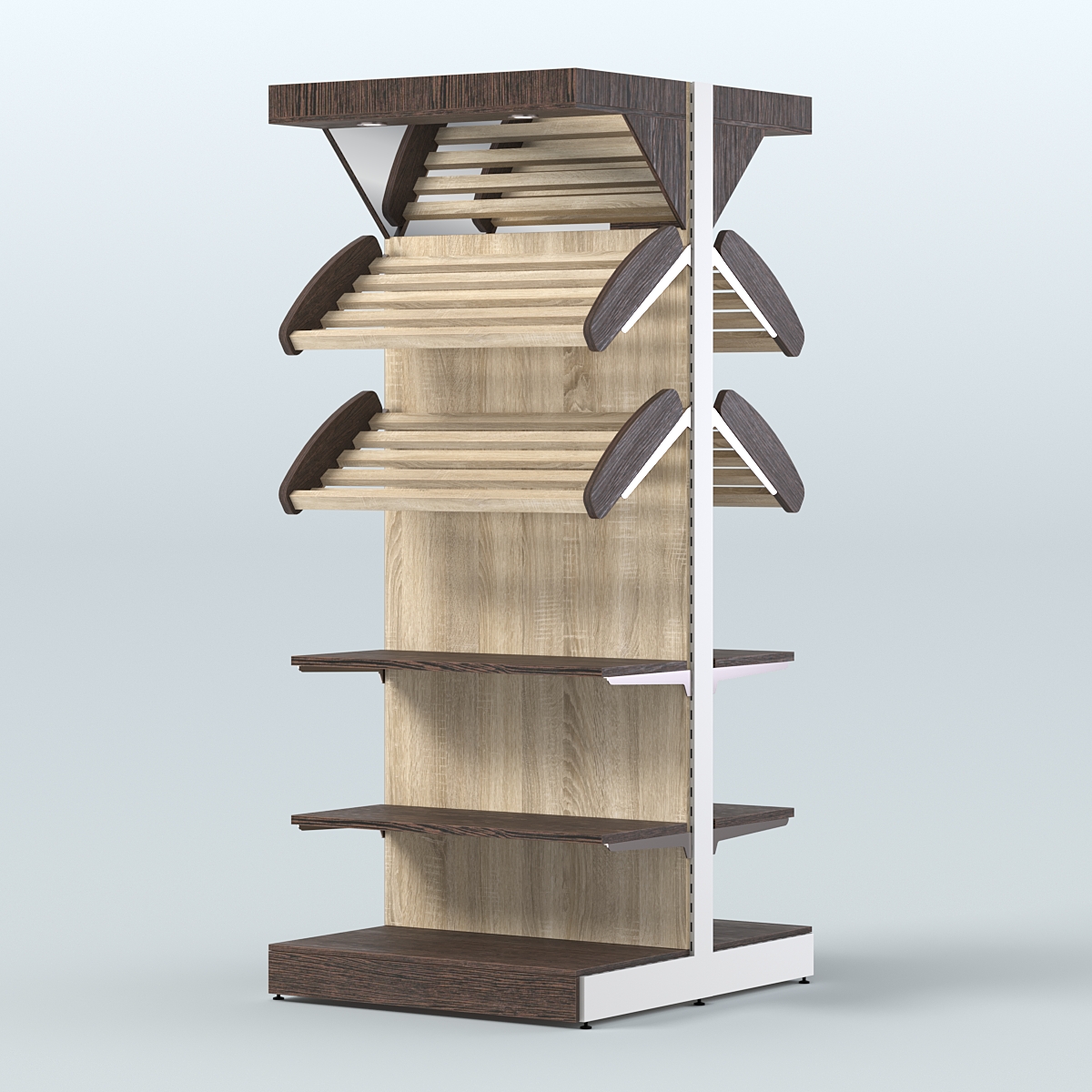 Стеллаж для хлеба островной высокий с разными полками и зеркальным фризом СХОВФ-05 Дуб Венге + Дуб Сонома