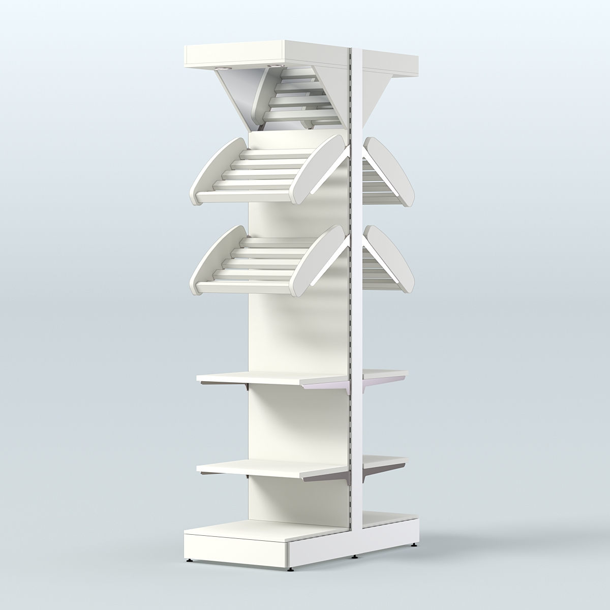 Стеллаж для хлеба островной узкий с прямыми и наклонными полками и зеркальным фризом СХОВФ-06 Белый