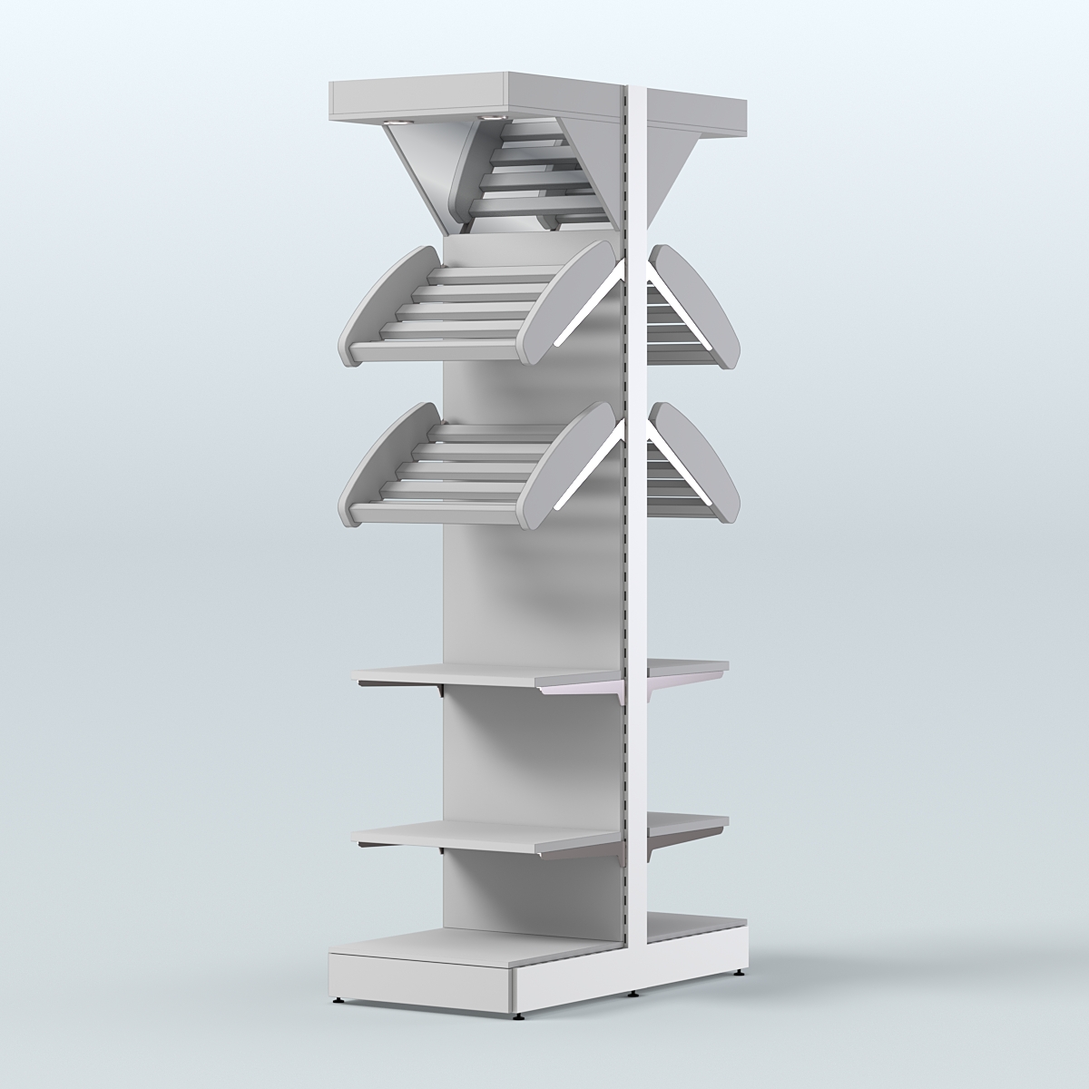 Стеллаж для хлеба островной узкий с прямыми и наклонными полками и зеркальным фризом СХОВФ-06 Серый