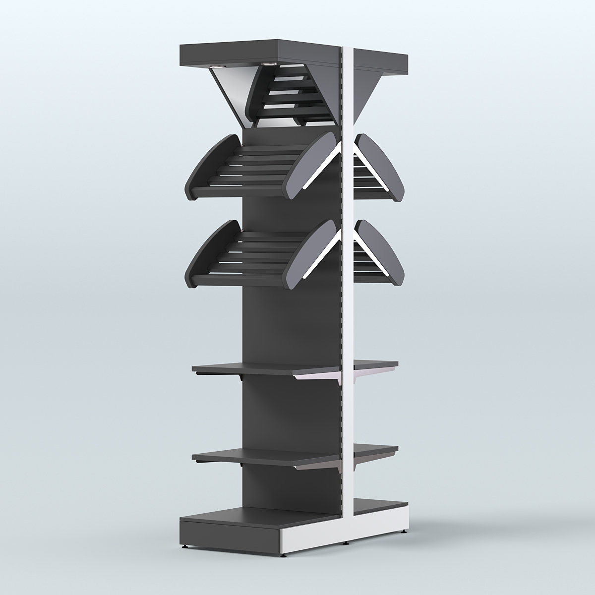 Стеллаж для хлеба островной узкий с прямыми и наклонными полками и зеркальным фризом СХОВФ-06 Черный