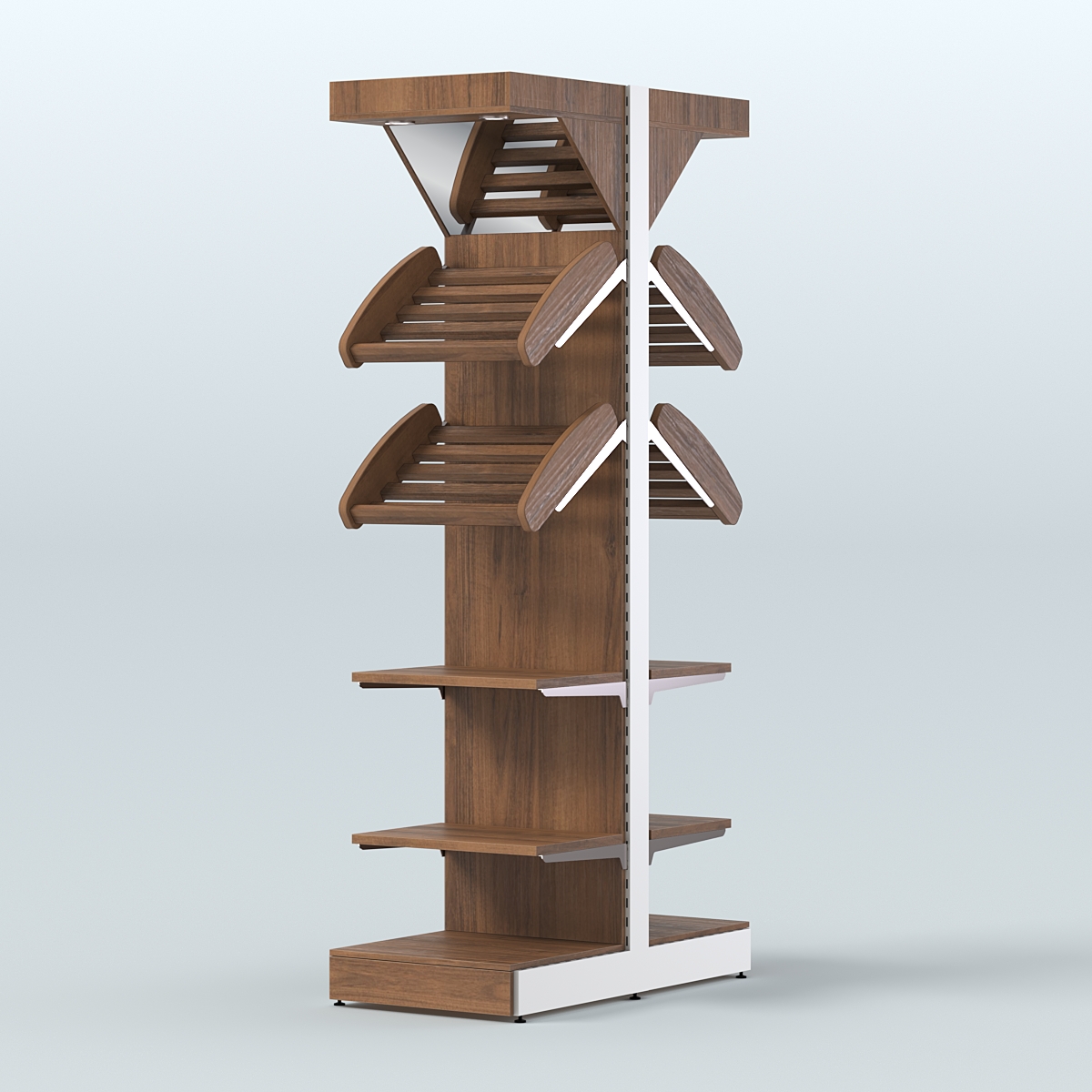 Стеллаж для хлеба островной узкий с прямыми и наклонными полками и зеркальным фризом СХОВФ-06 Орех