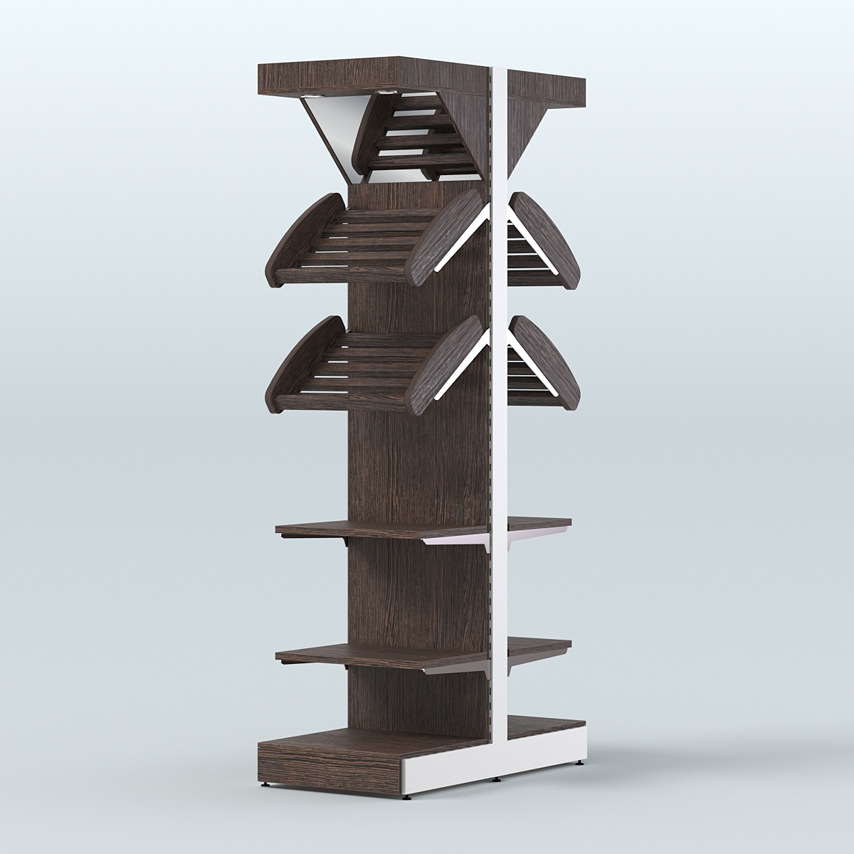 Стеллаж для хлеба островной узкий с прямыми и наклонными полками и зеркальным фризом СХОВФ-06 Дуб Венге