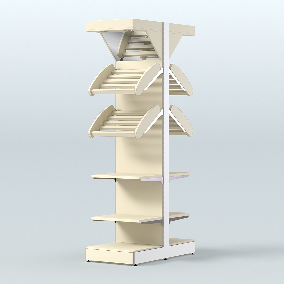 Стеллаж для хлеба островной узкий с прямыми и наклонными полками и зеркальным фризом СХОВФ-06 Крем Вайс