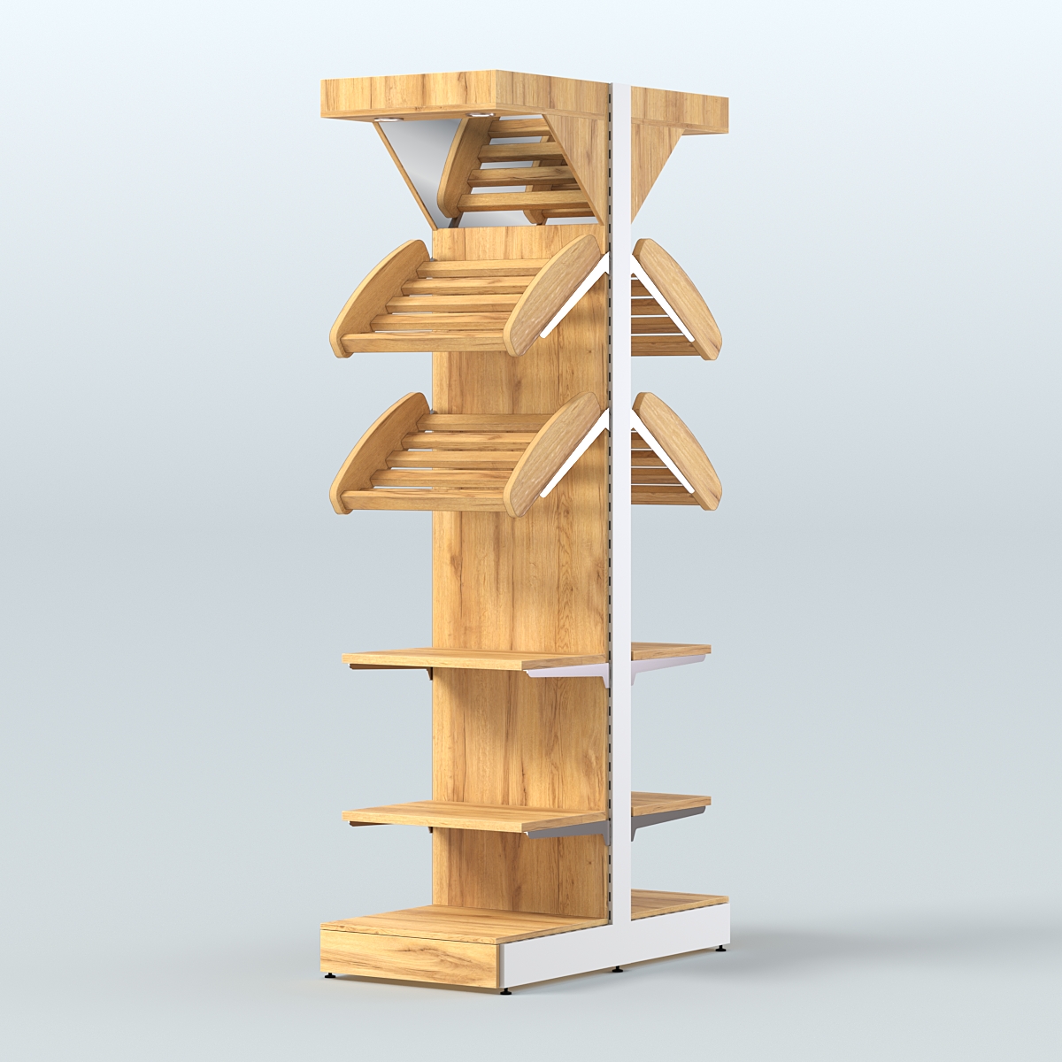 Стеллаж для хлеба островной узкий с прямыми и наклонными полками и зеркальным фризом СХОВФ-06 Дуб Золотистый