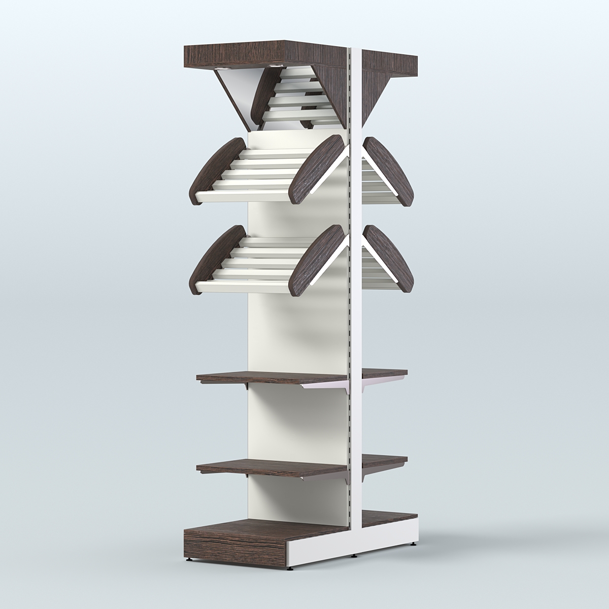 Стеллаж для хлеба островной узкий с прямыми и наклонными полками и зеркальным фризом СХОВФ-06 Дуб Венге + Белый