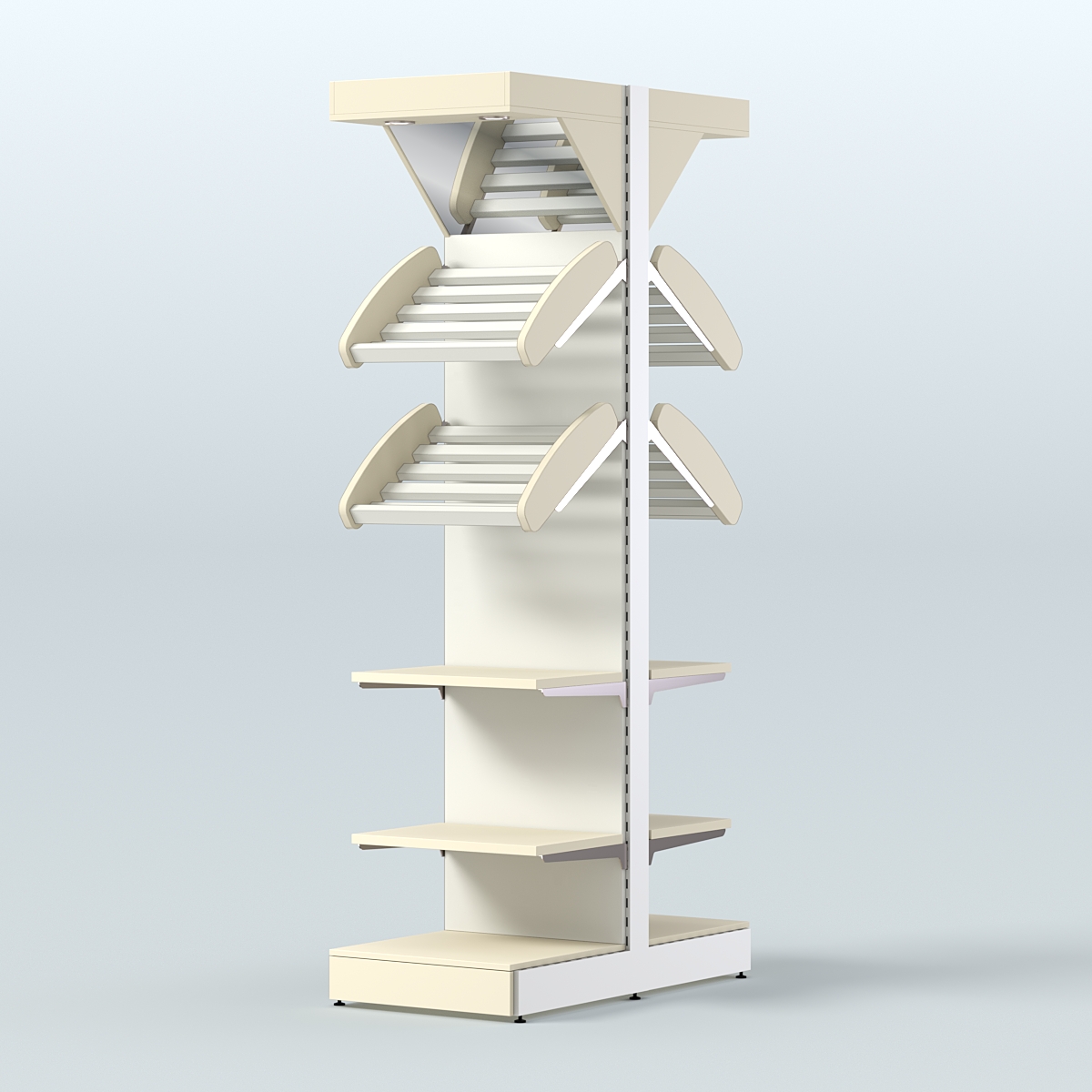 Стеллаж для хлеба островной узкий с прямыми и наклонными полками и зеркальным фризом СХОВФ-06 Крем Вайс + Белый