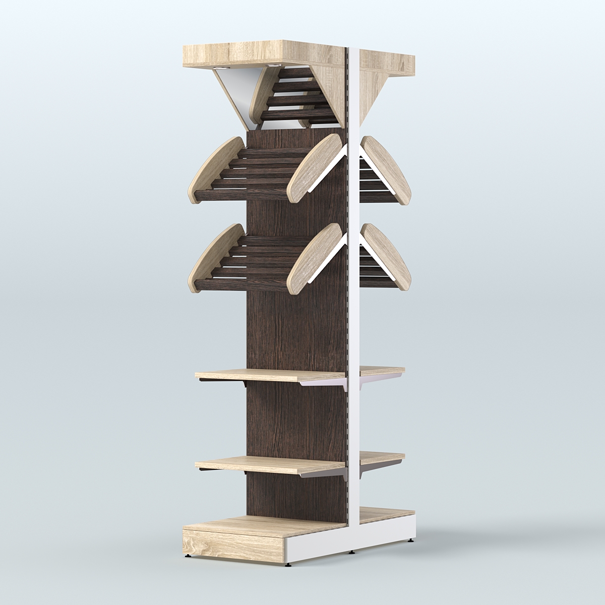 Стеллаж для хлеба островной узкий с прямыми и наклонными полками и зеркальным фризом СХОВФ-06 Дуб Сонома + Дуб Венге
