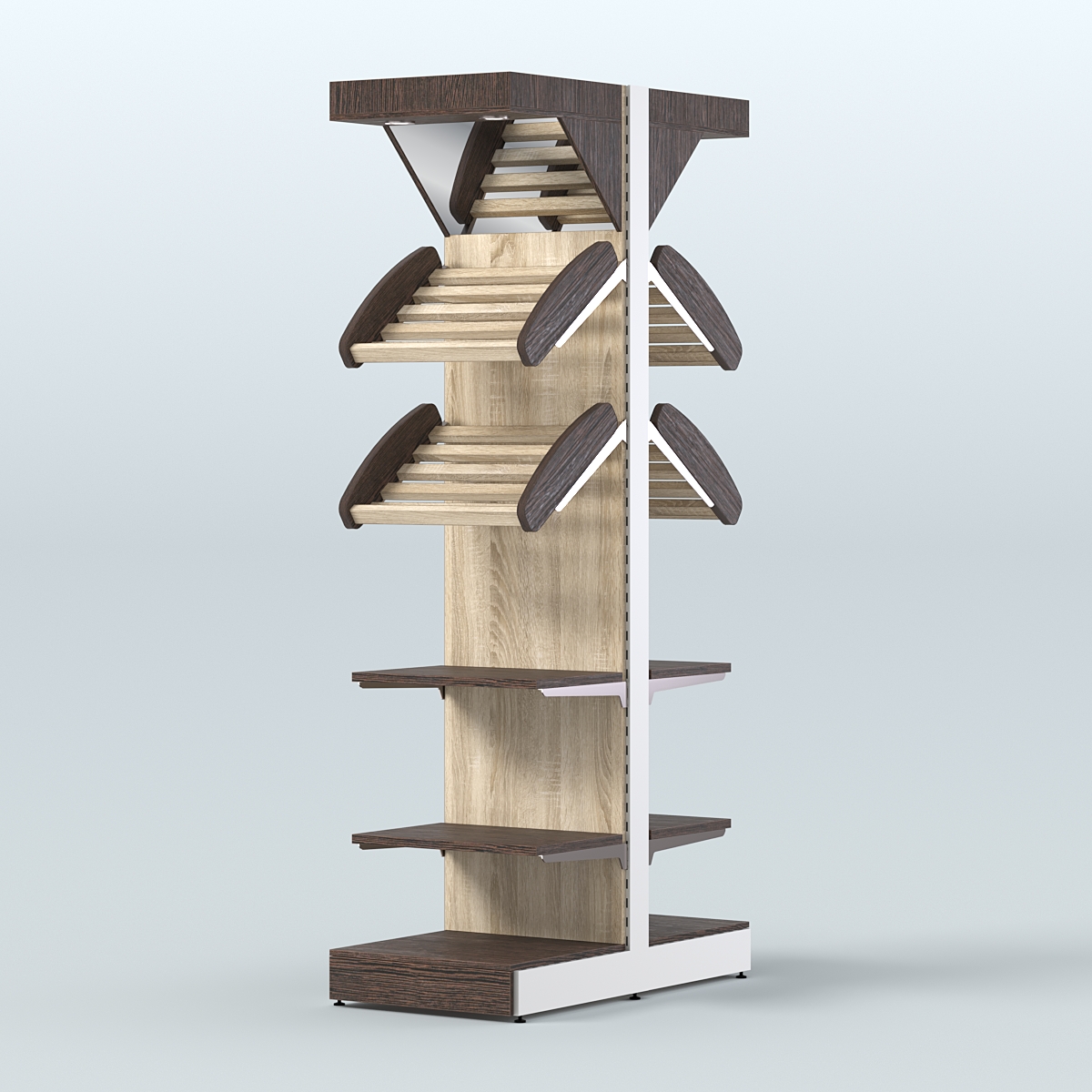 Стеллаж для хлеба островной узкий с прямыми и наклонными полками и зеркальным фризом СХОВФ-06 Дуб Венге + Дуб Сонома
