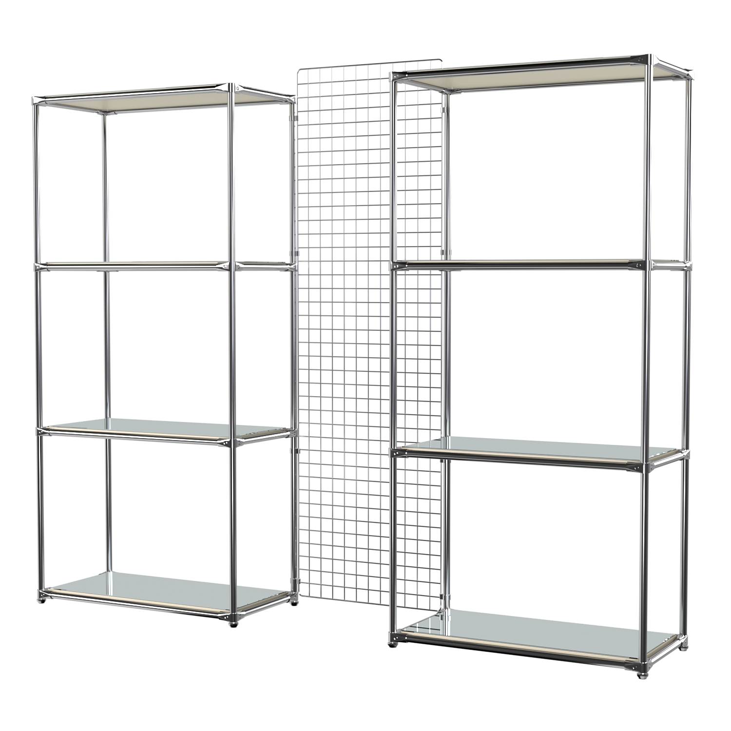 Сетчатый стеллаж СТИЛЬ с зеркальными полками и решеткой №31-4 Крем Вайс