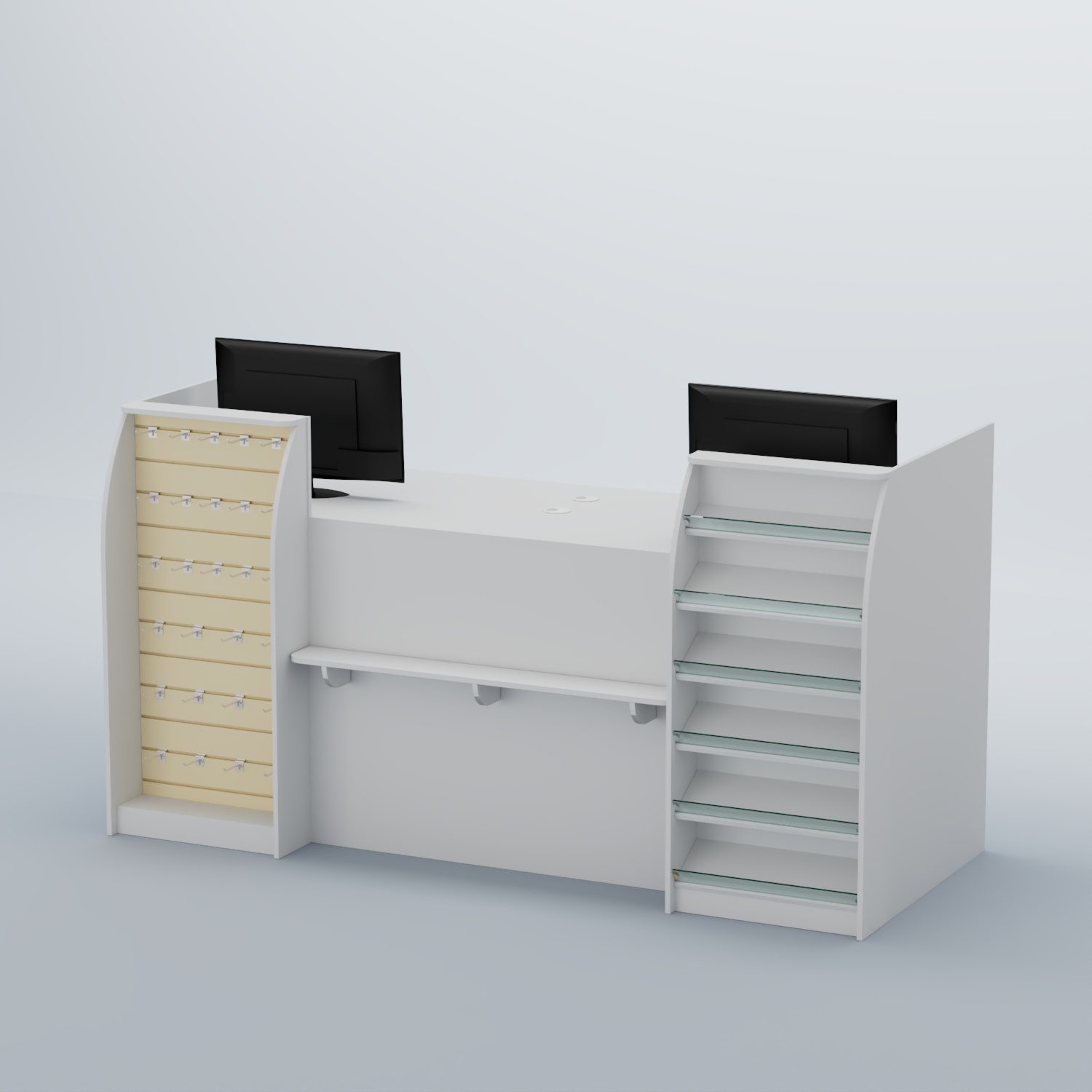 Ресепшен Атлант с фасадными наклонными полочками и экономпанелью №5 Белый + Крем Вайс