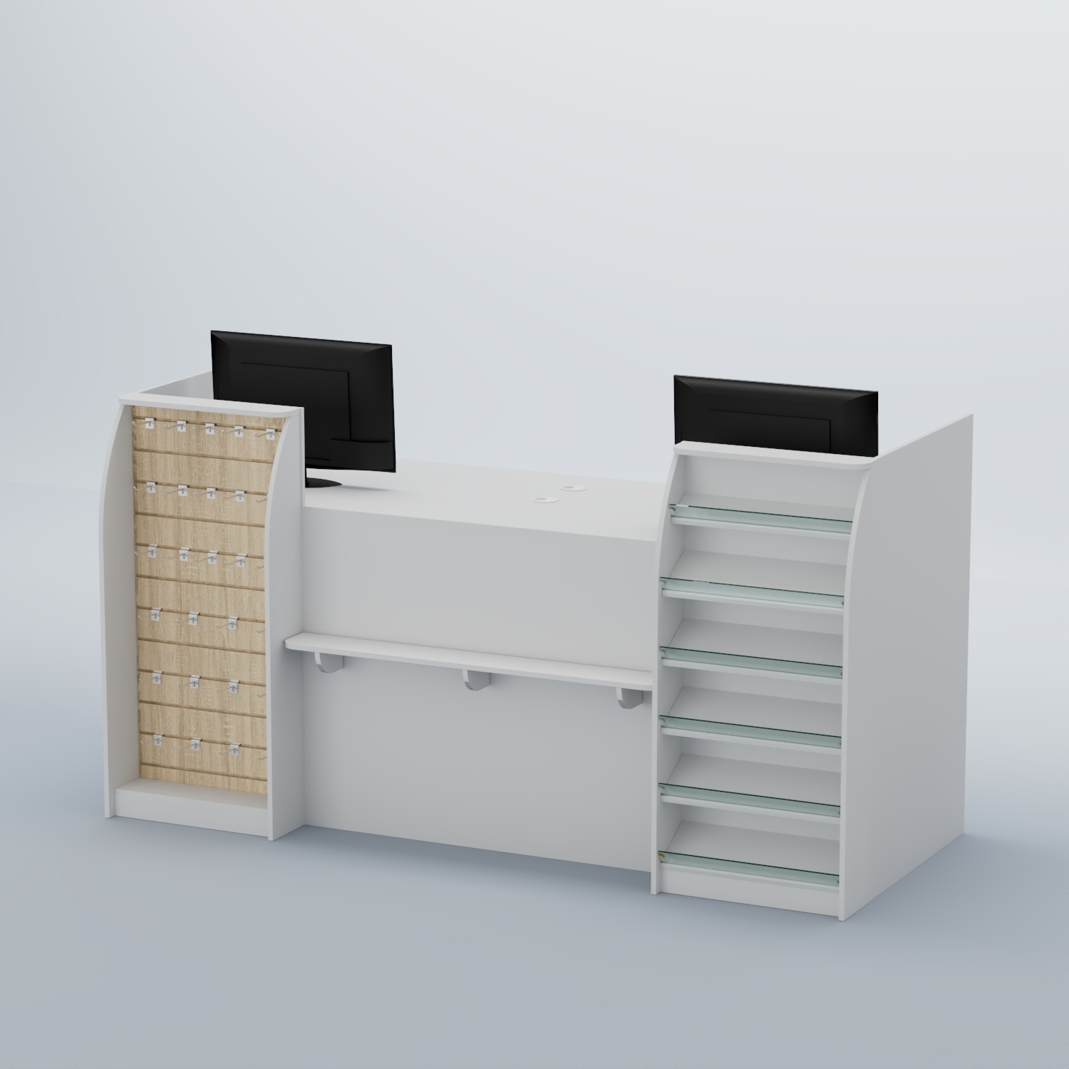 Ресепшен Атлант с фасадными наклонными полочками и экономпанелью №5 Белый + Дуб Сонома