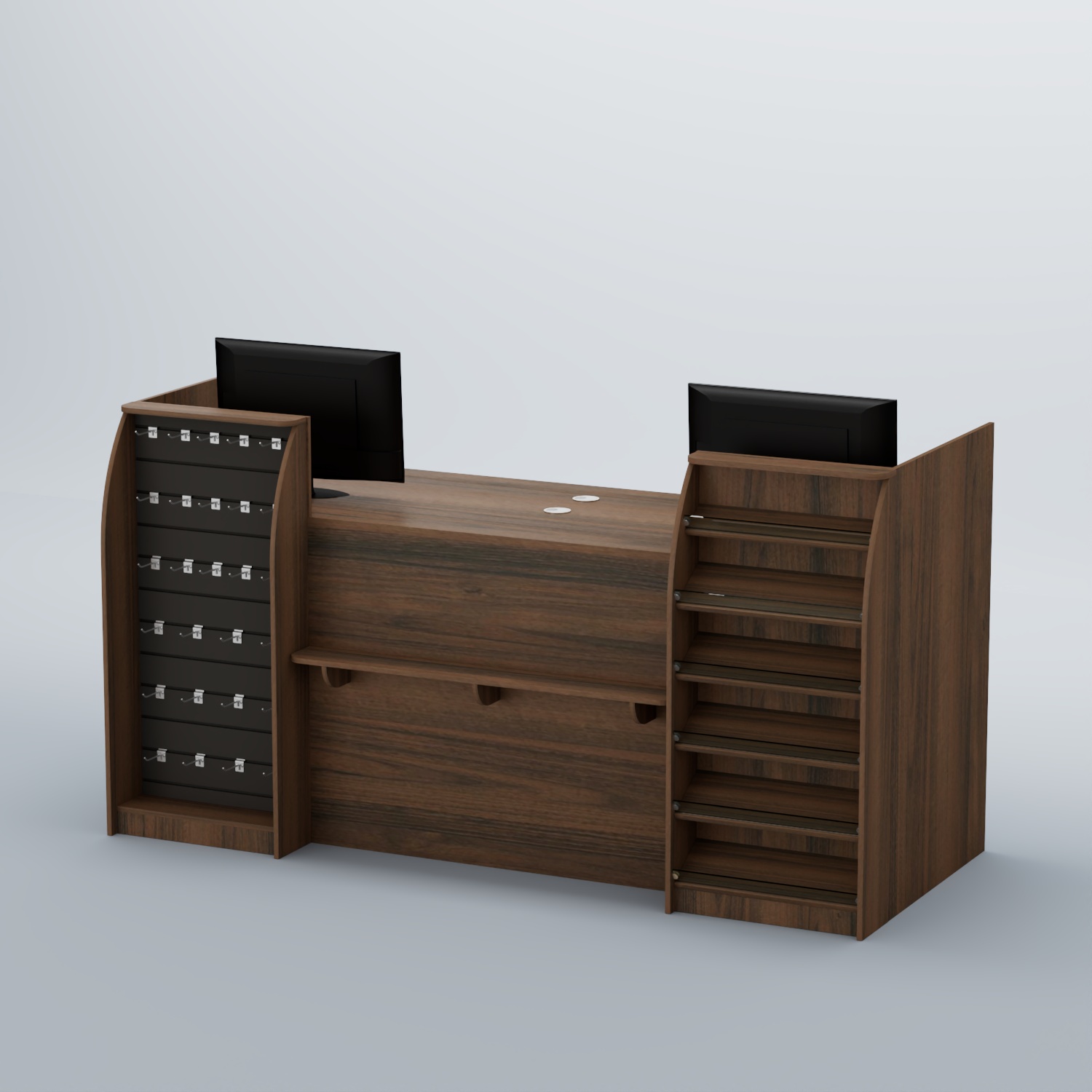 Ресепшен Атлант с фасадными наклонными полочками и экономпанелью №5 Орех + Черный