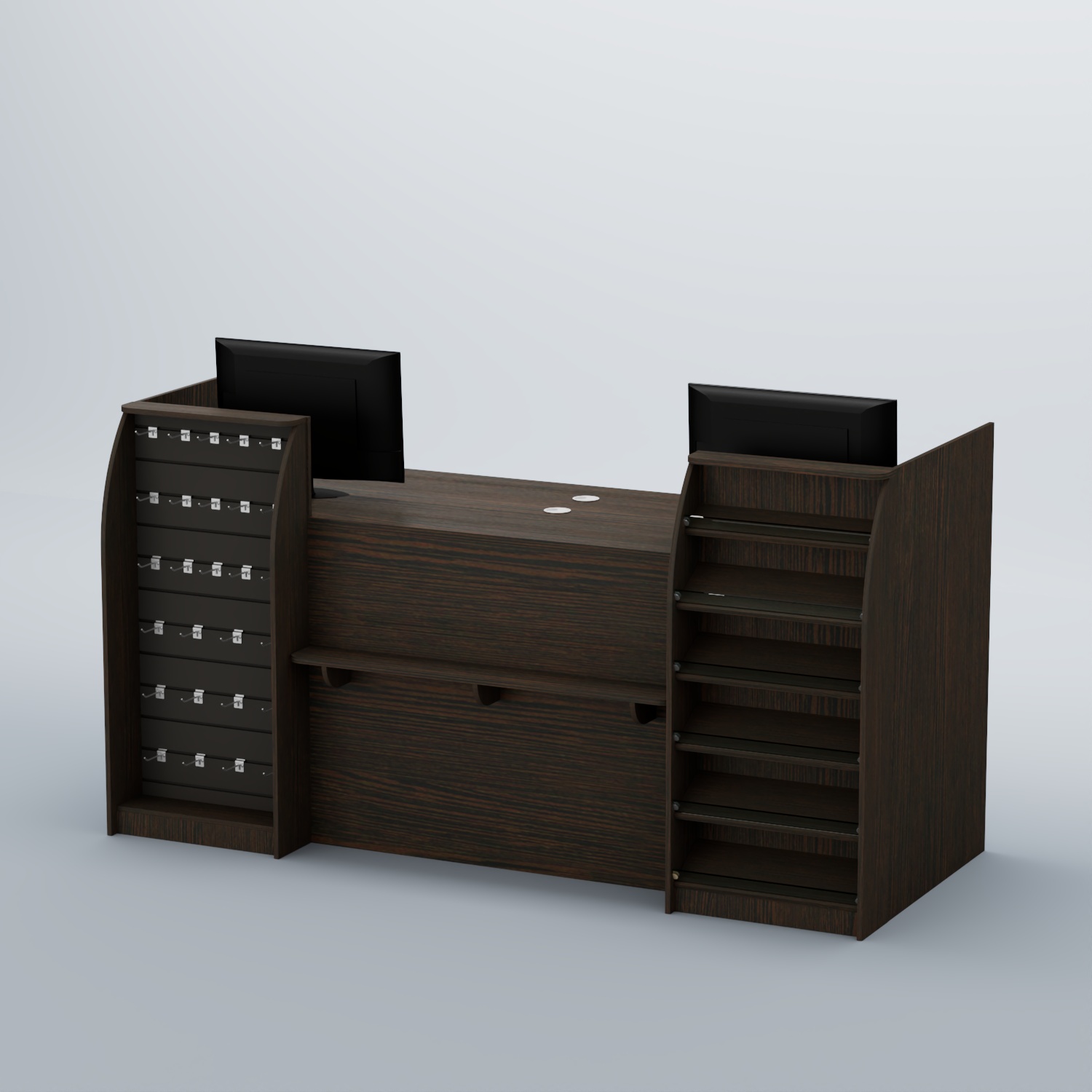 Ресепшен Атлант с фасадными наклонными полочками и экономпанелью №5 Дуб Венге