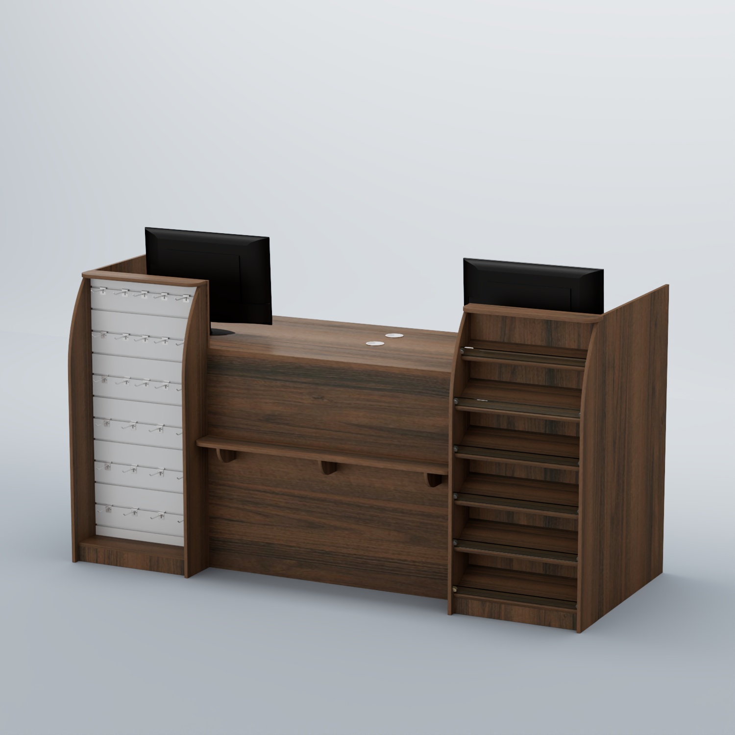 Ресепшен Атлант с фасадными наклонными полочками и экономпанелью №5 Орех