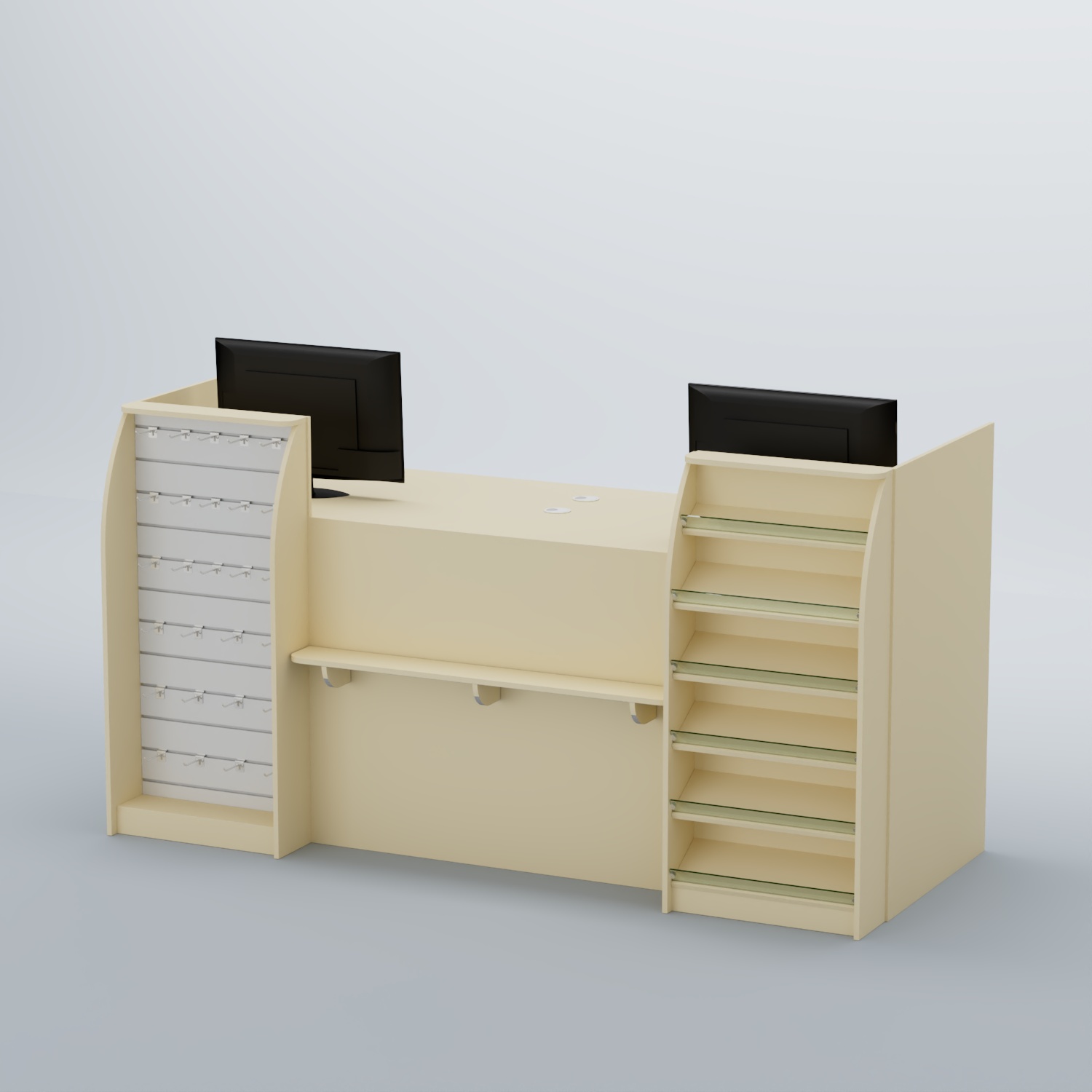 Ресепшен Атлант с фасадными наклонными полочками и экономпанелью №5 Крем Вайс + Белый