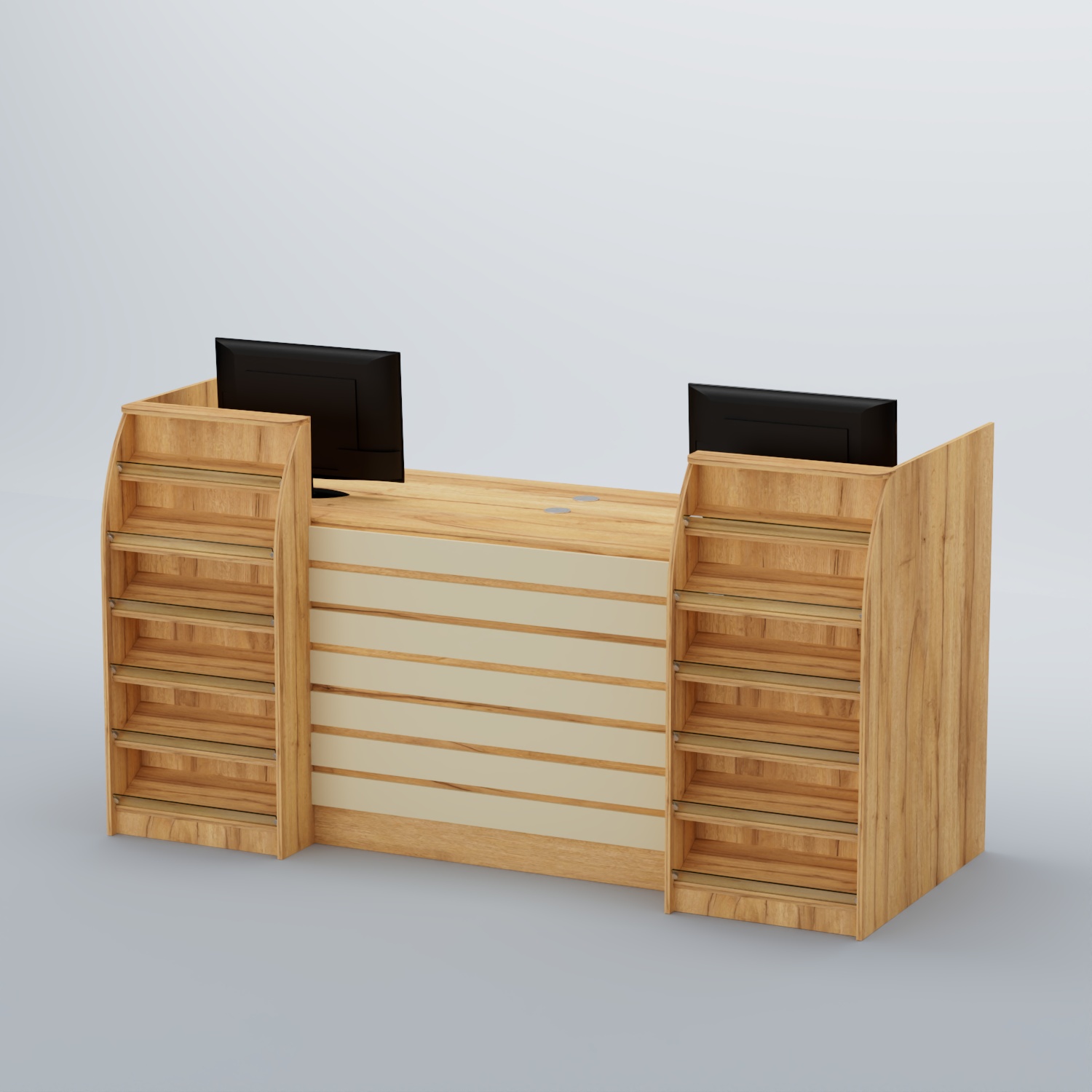 Ресепшен Атлант с накладными планками и наклонными полками №7 Дуб Золотистый и Крем Вайс