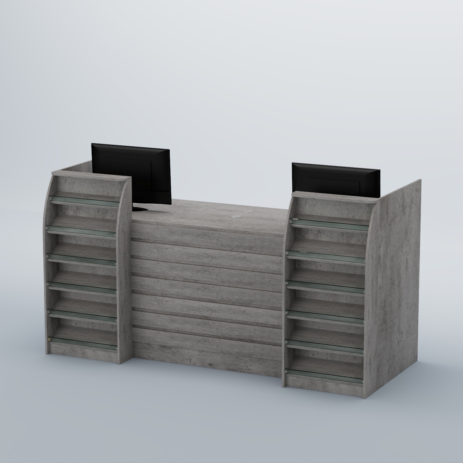 Ресепшен Атлант с накладными планками и наклонными полками №7 Бетон Чикаго светло-серый F186 ST9