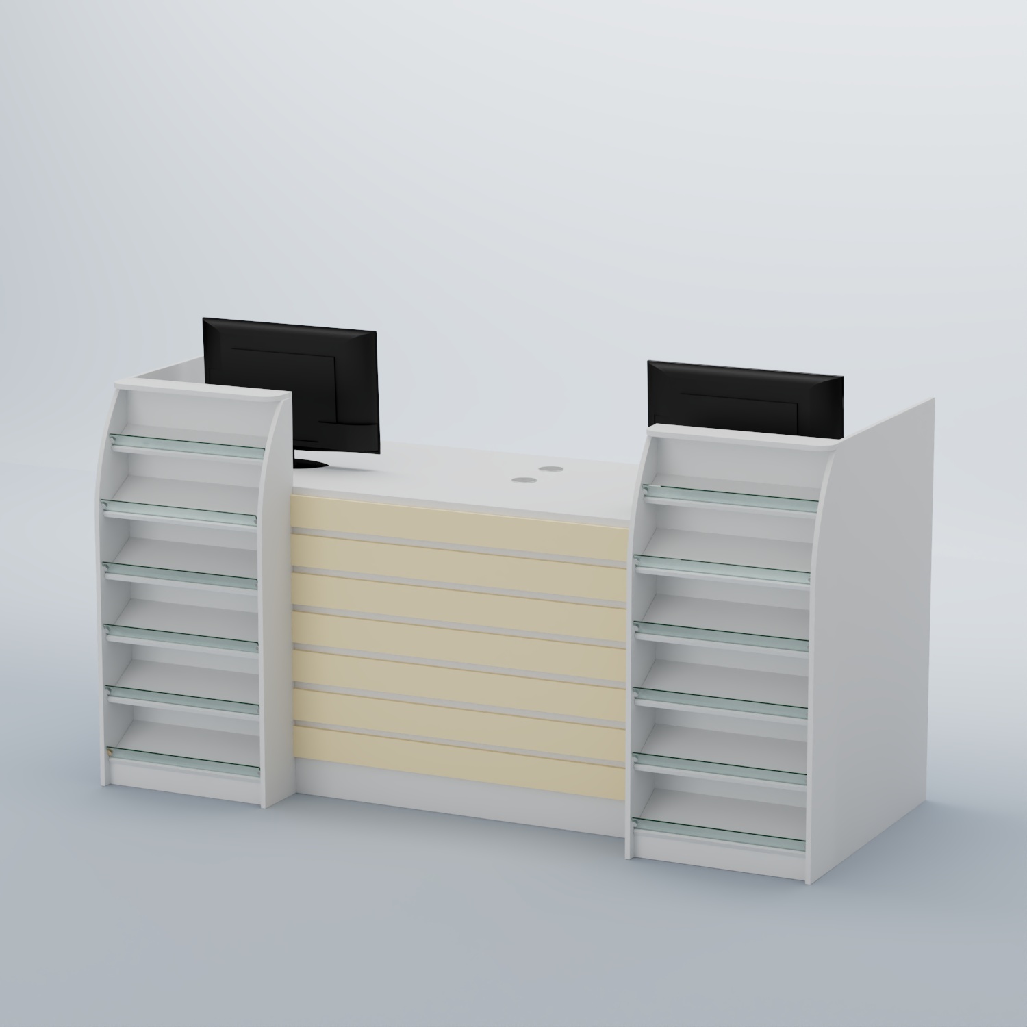 Ресепшен Атлант с накладными планками и наклонными полками №7 Белый + Крем Вайс