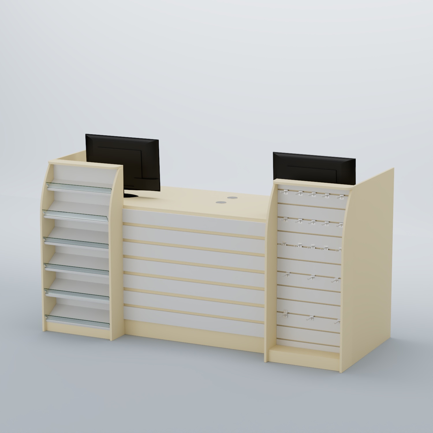 Ресепшен Атлант с накладными планками наклонными полками и экономпанелью №9 Крем Вайс + Белый