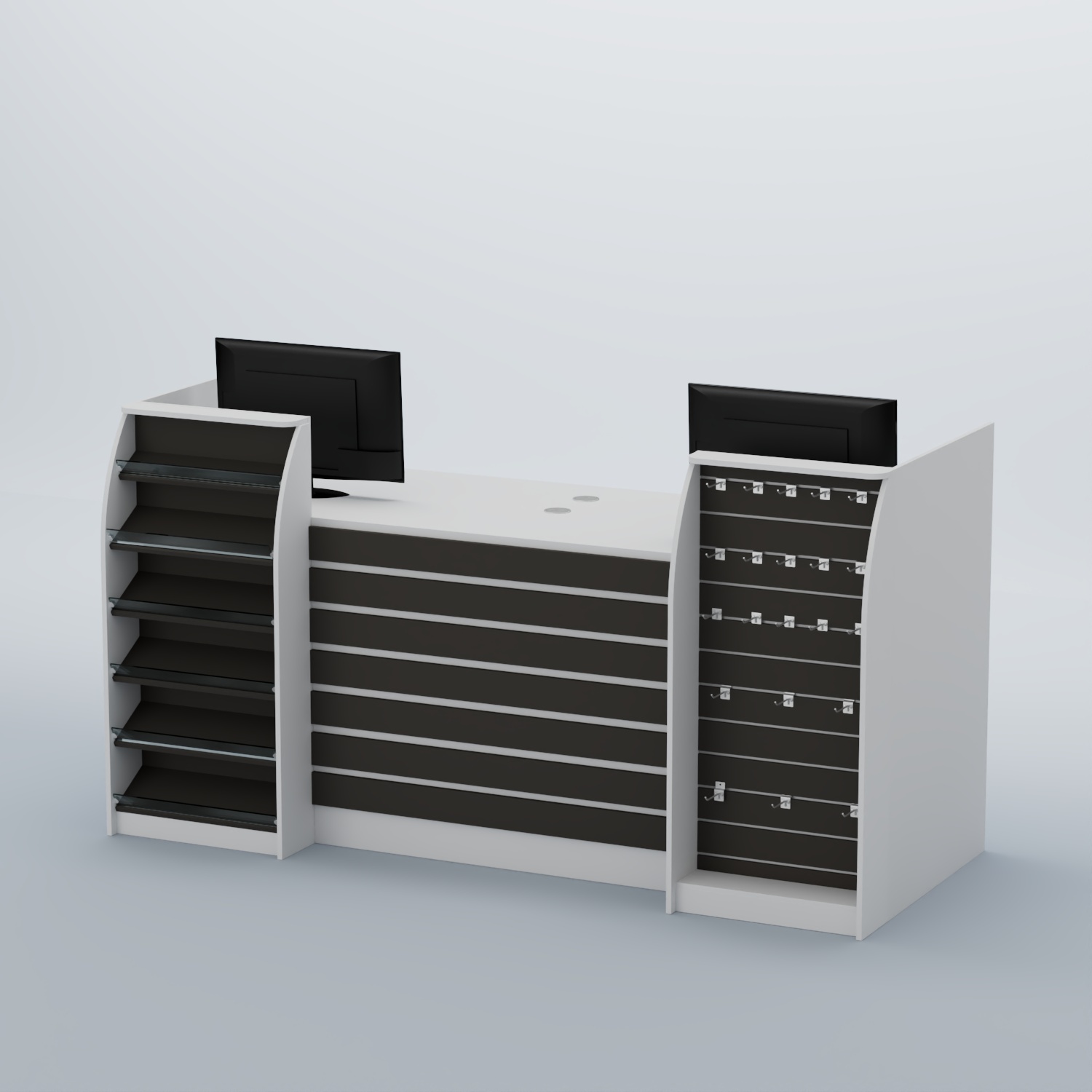 Ресепшен Атлант с накладными планками наклонными полками и экономпанелью №9 Белый и Черный