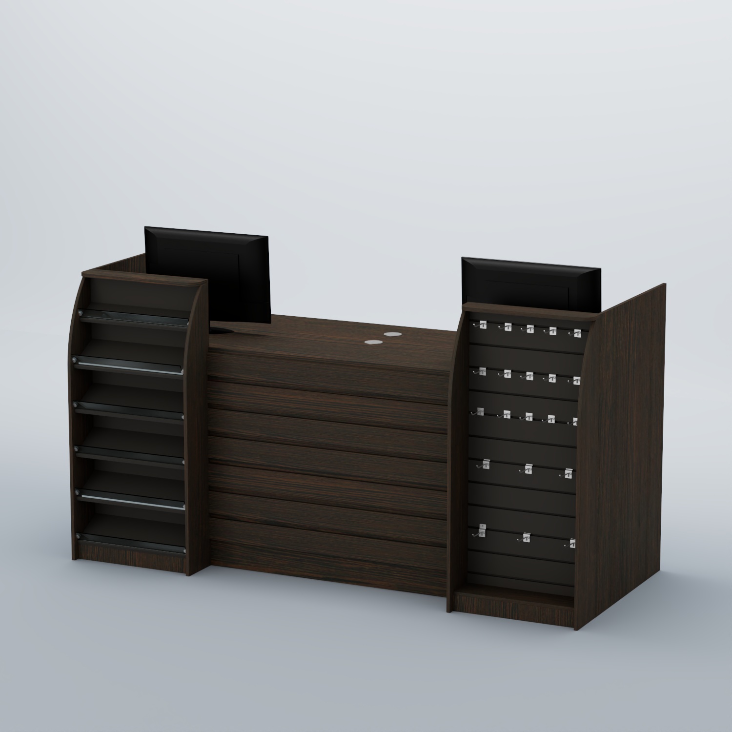 Ресепшен Атлант с накладными планками наклонными полками и экономпанелью №9 Дуб Венге