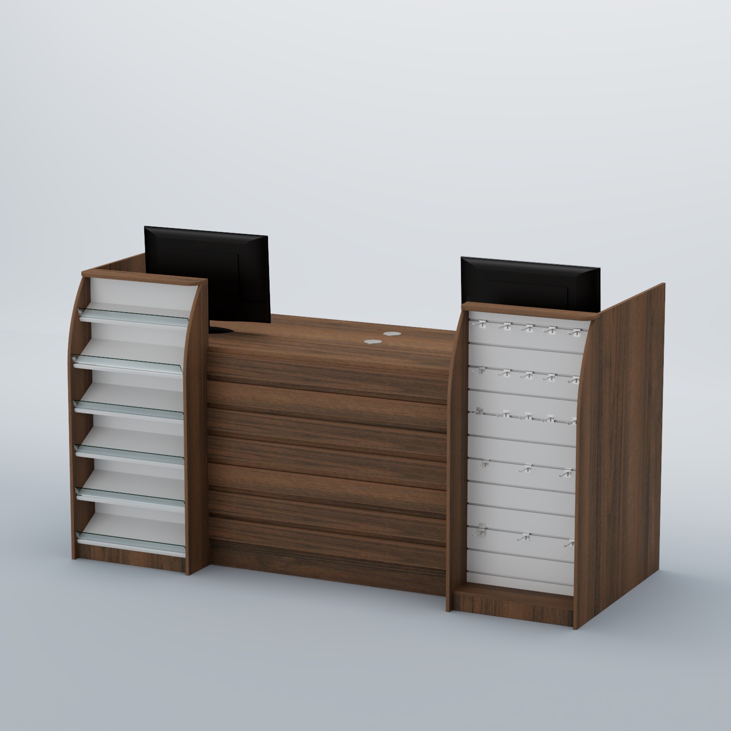 Ресепшен Атлант с накладными планками наклонными полками и экономпанелью №9 Орех