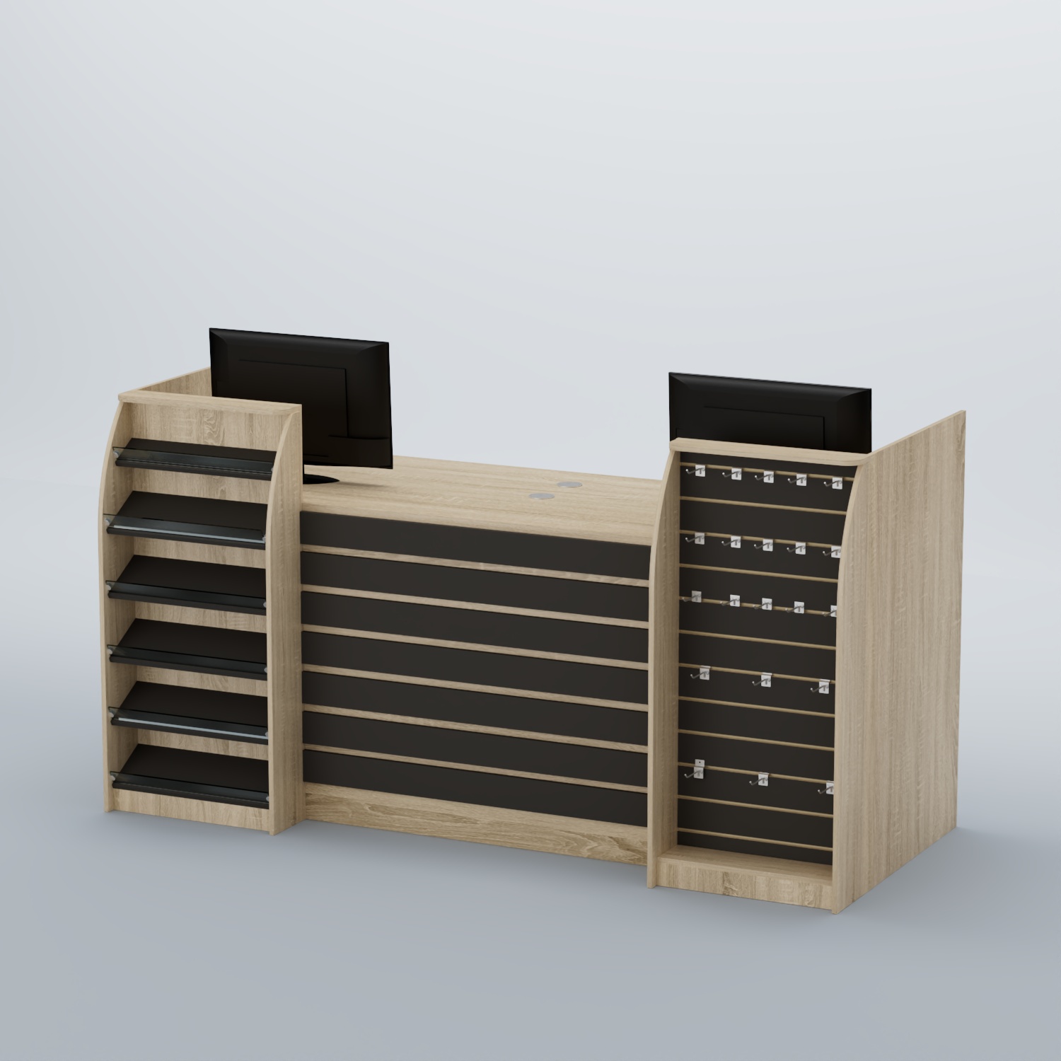 Ресепшен Атлант с накладными планками наклонными полками и экономпанелью №9 Дуб Сонома + Черный