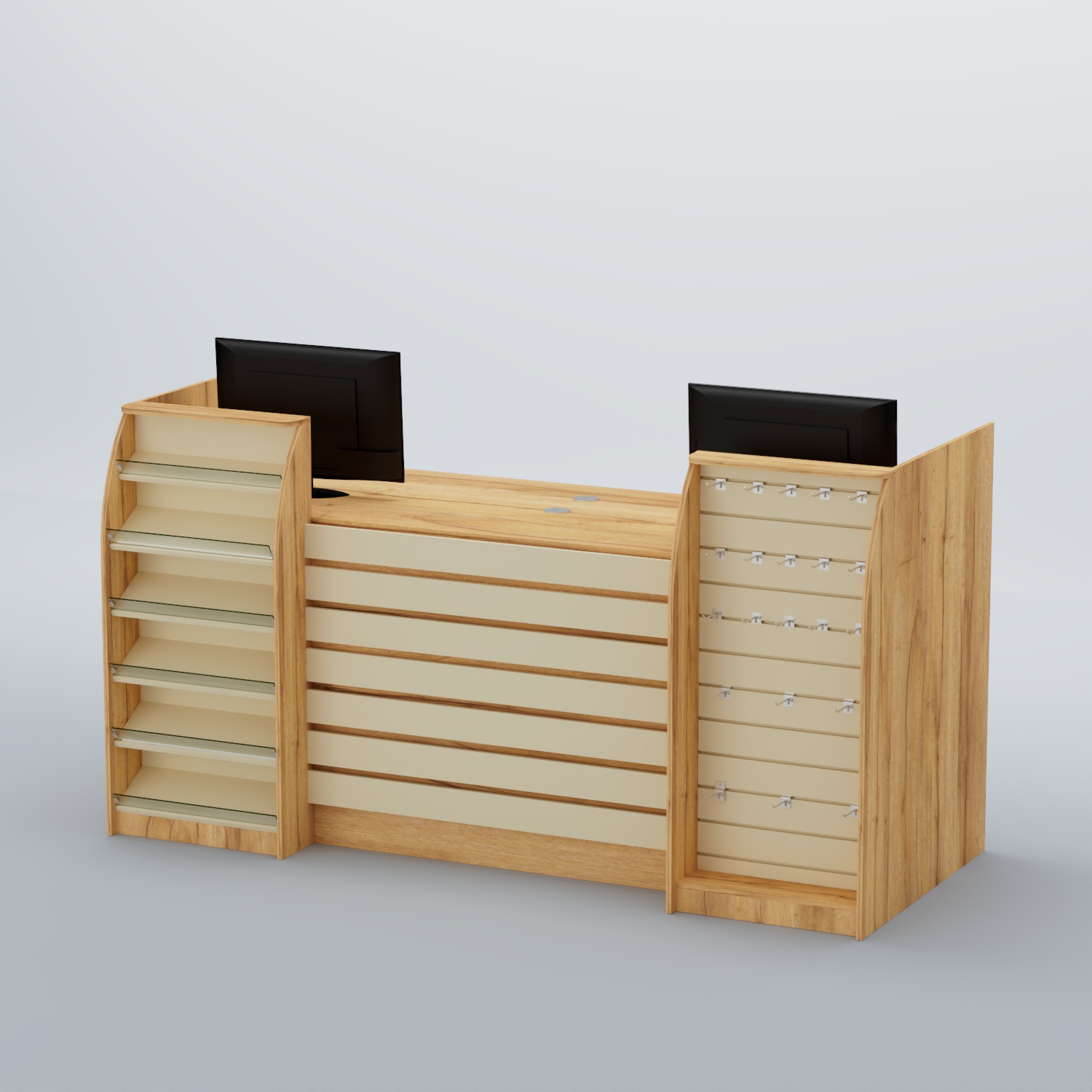 Ресепшен Атлант с накладными планками наклонными полками и экономпанелью №9 Дуб Золотистый и Крем Вайс