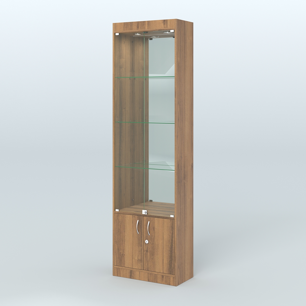 Витрина из ДСП с дверками и верхней подсветкой для аптеки №2-300-3 Орех