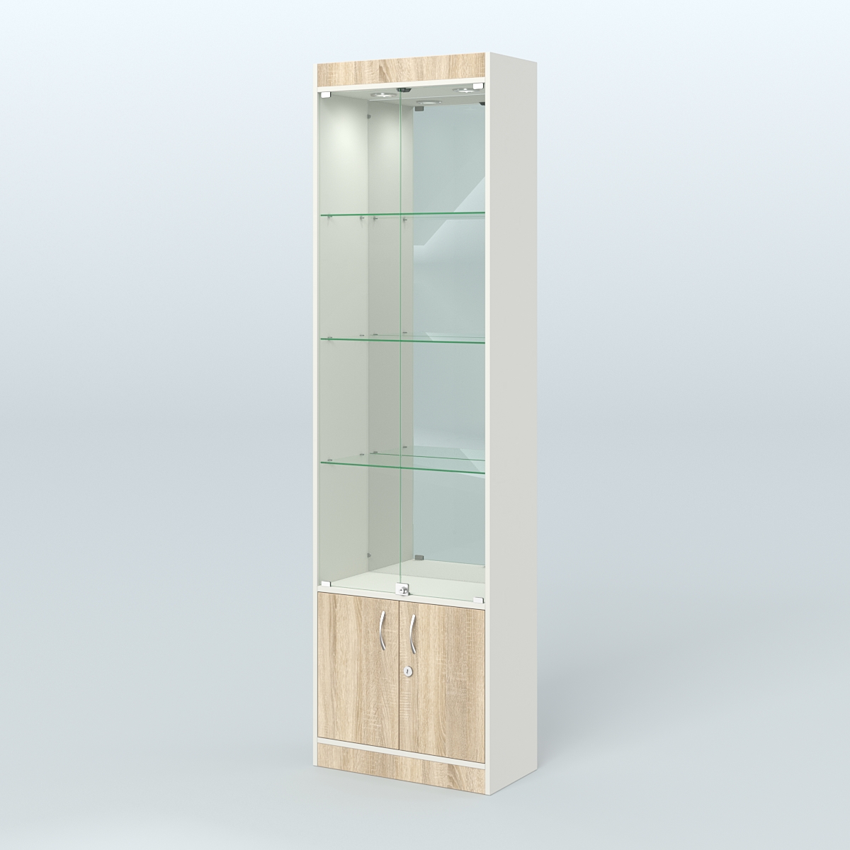 Витрина из ДСП с дверками и верхней подсветкой для аптеки №2-300-3 Белый + Дуб Сонома