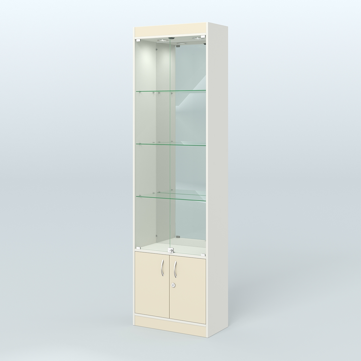 Витрина из ДСП с дверками и верхней подсветкой для аптеки №2-300-3 Белый + Крем Вайс