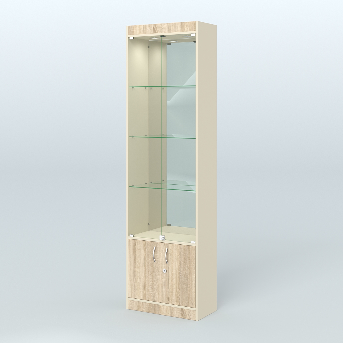 Витрина из ДСП с дверками и верхней подсветкой для аптеки №2-300-3 Крем Вайс и Дуб Сонома U2236-5