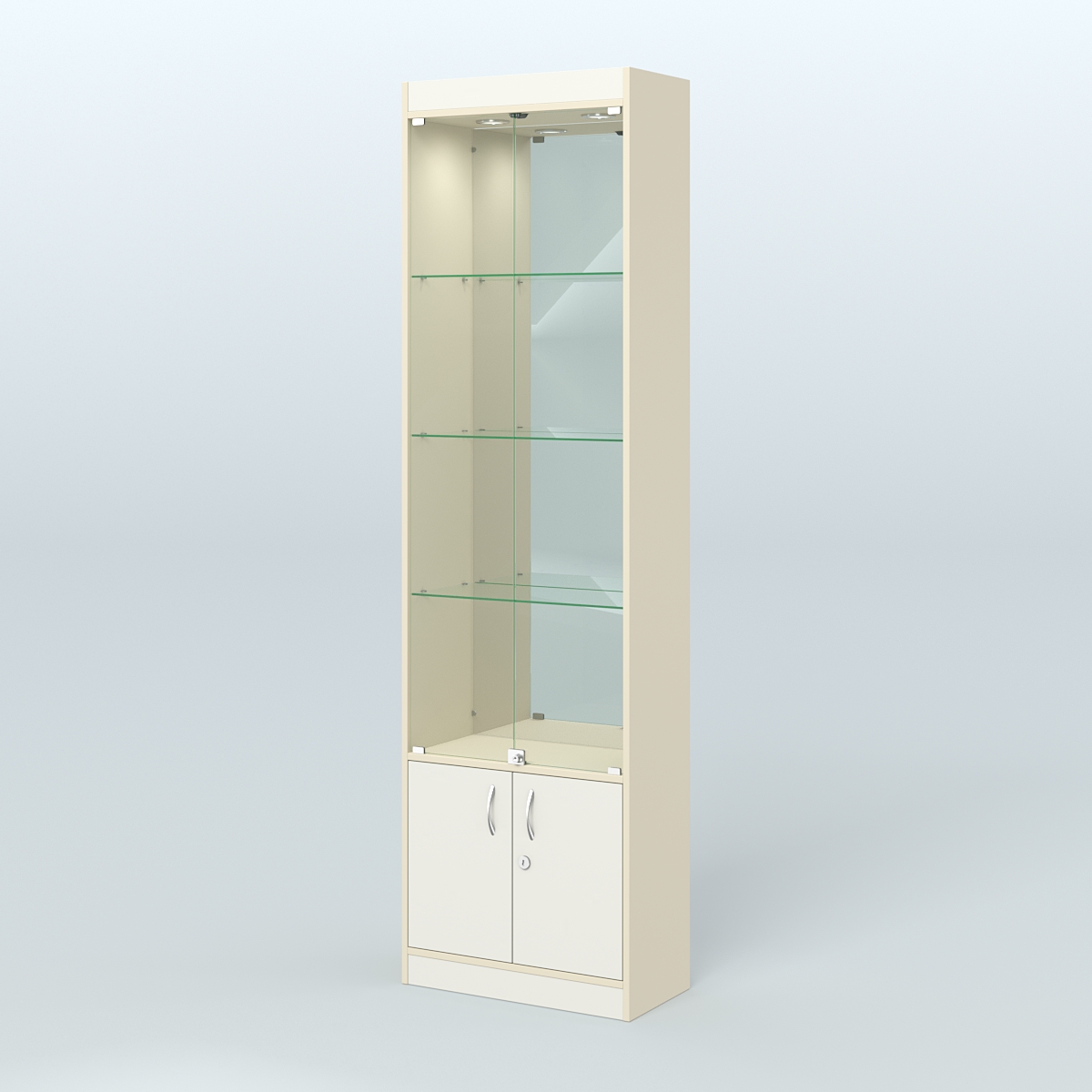 Витрина из ДСП с дверками и верхней подсветкой для аптеки №2-300-3 Крем Вайс + Белый