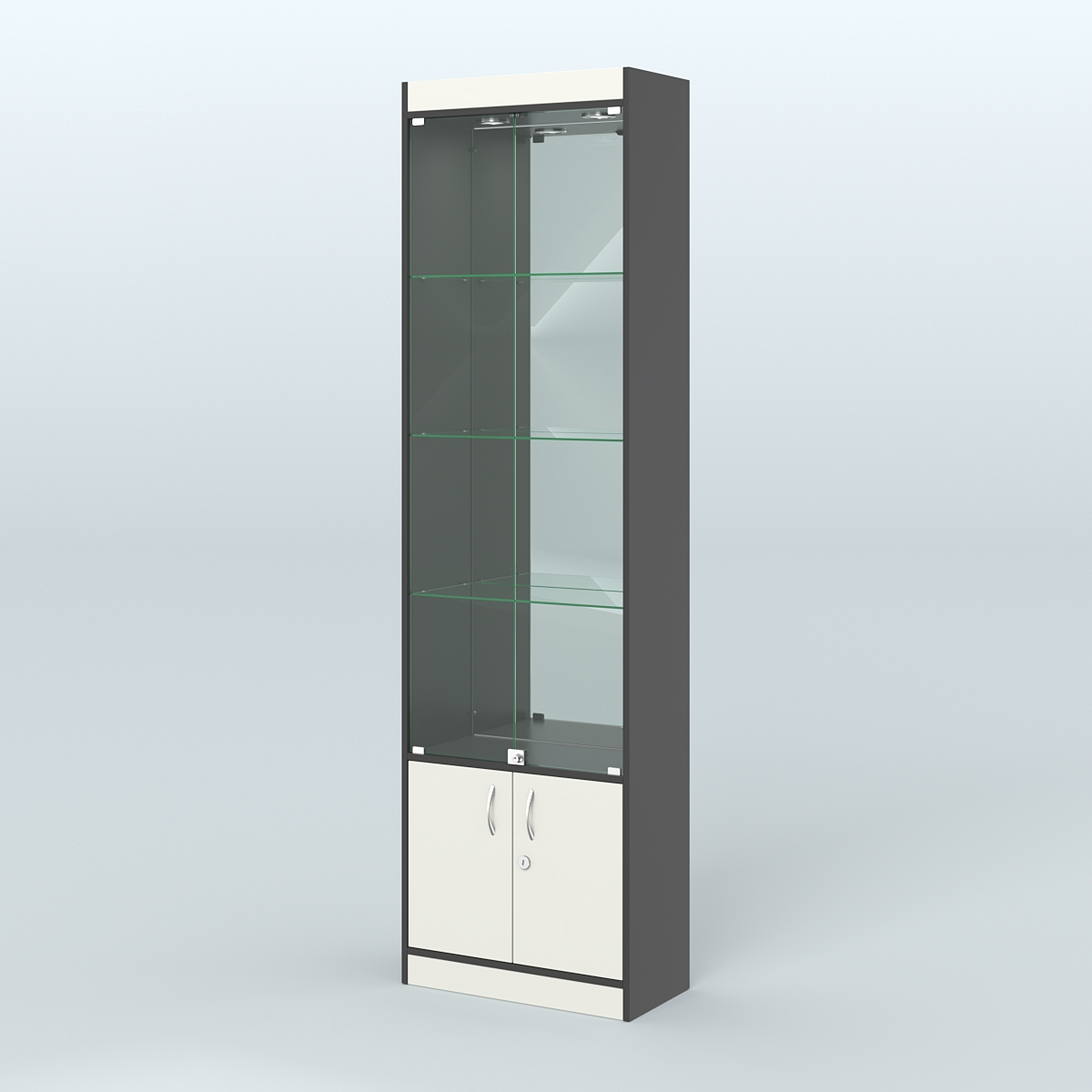 Витрина из ДСП с дверками и верхней подсветкой для аптеки №2-300-3 Черный + Белый