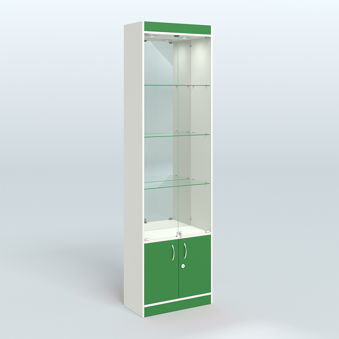 Витрина из ДСП с дверками и верхней подсветкой для аптеки №2-300-3 Белый + Зеленый Оксид 9561 BS