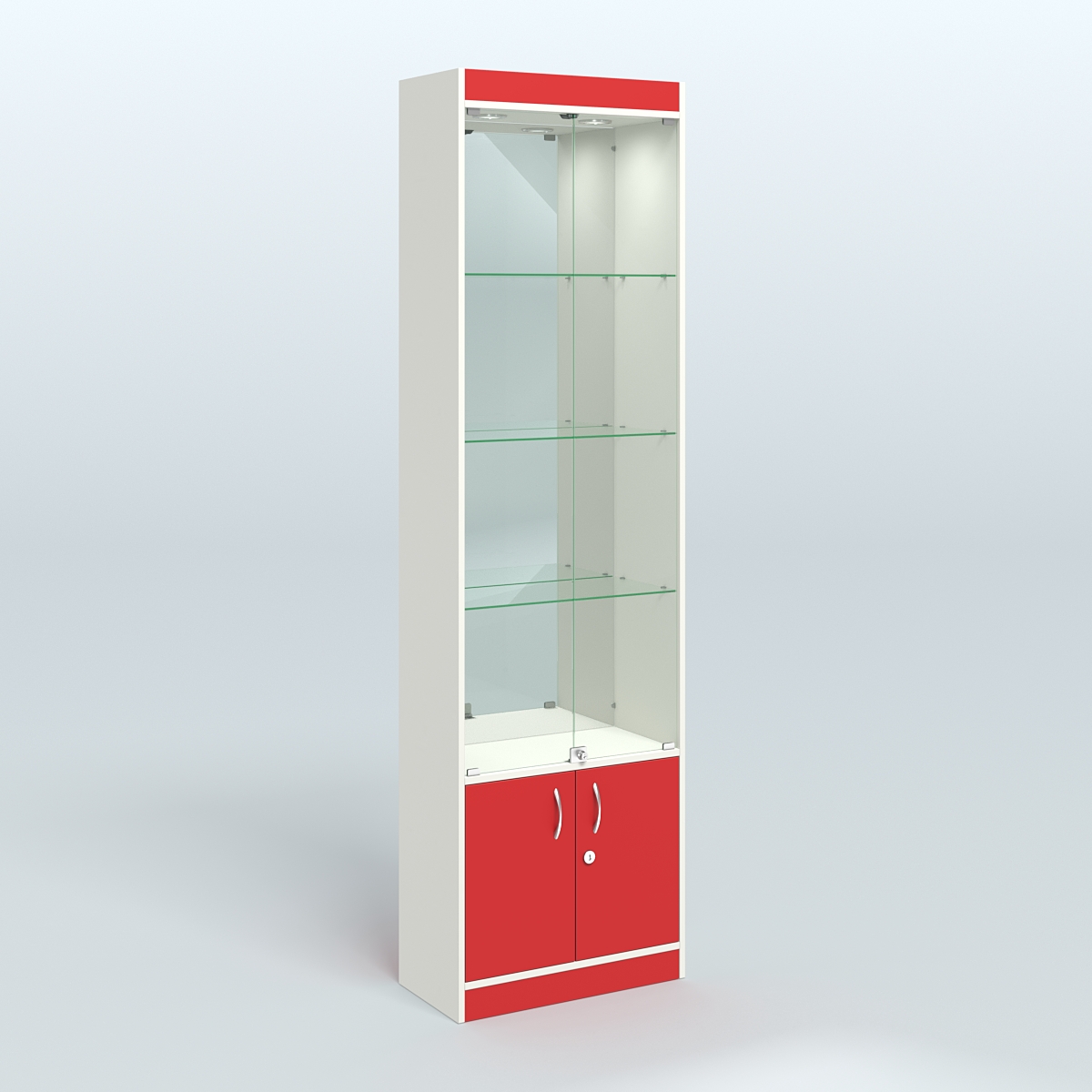 Витрина из ДСП с дверками и верхней подсветкой для аптеки №2-300-3 Белый + Красный