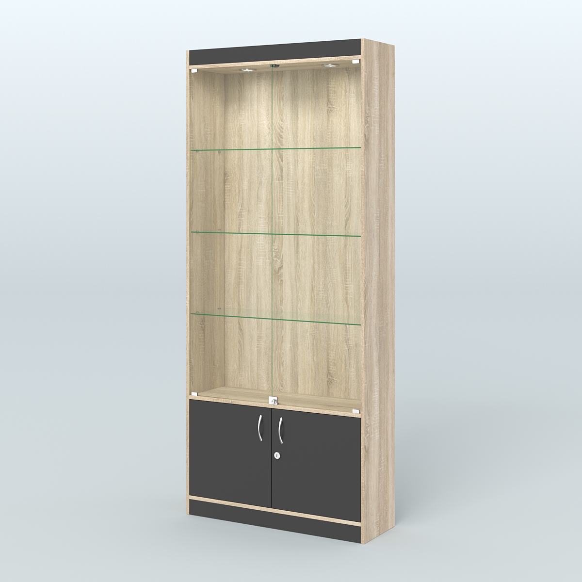 Витрина прямоугольная из ДСП с дверками для аптеки №1-300-1 Дуб Сонома + Черный