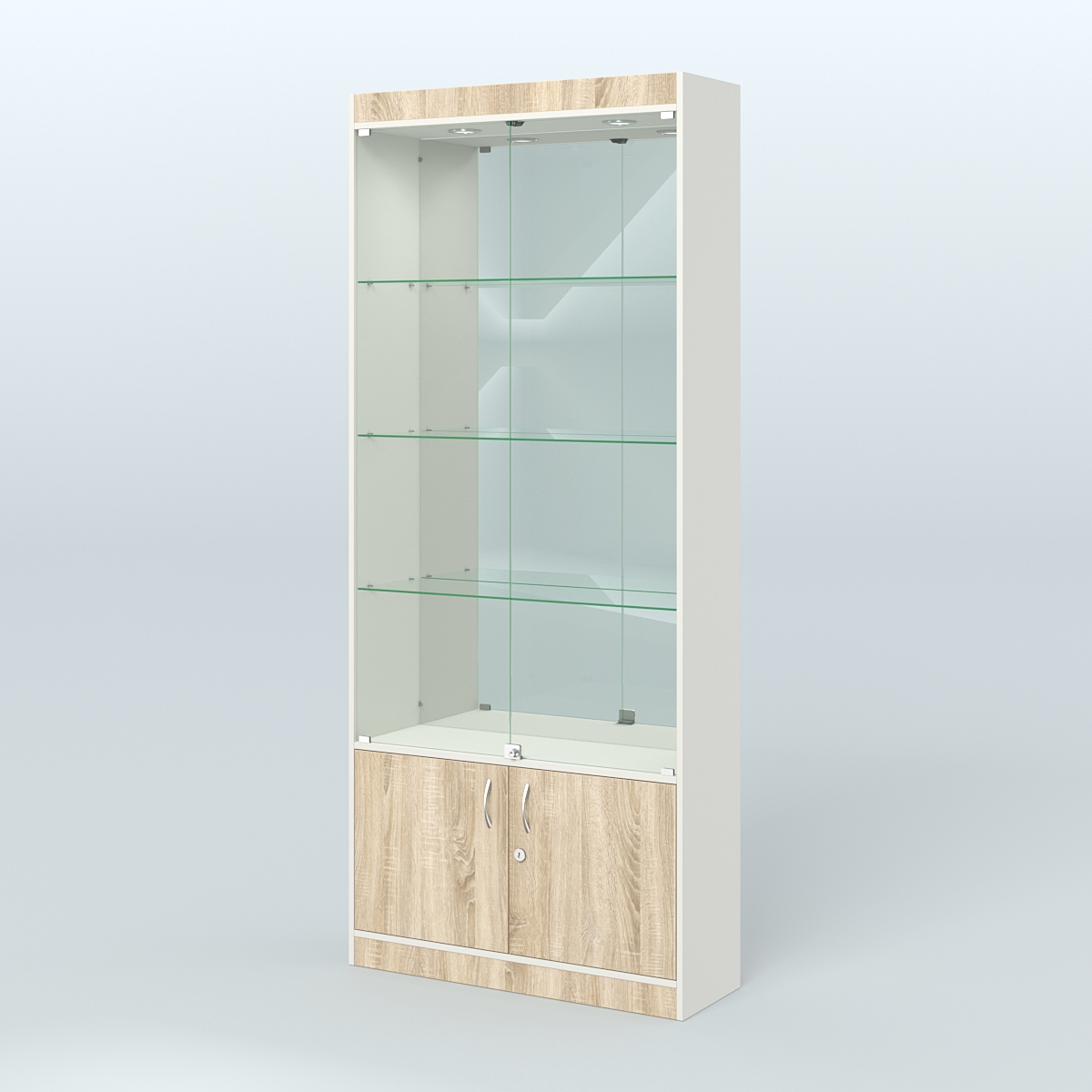 Витрина зеркальная из ДСП с дверками для аптеки №1-300-3 Белый + Дуб Сонома