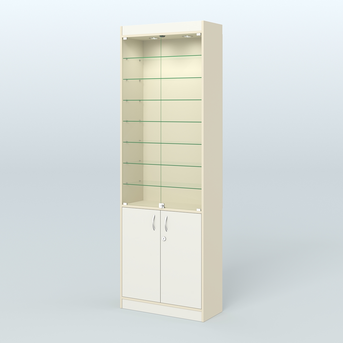 Витрина узкая из ДСП с дверками для аптеки №6-300-1 Крем Вайс + Белый